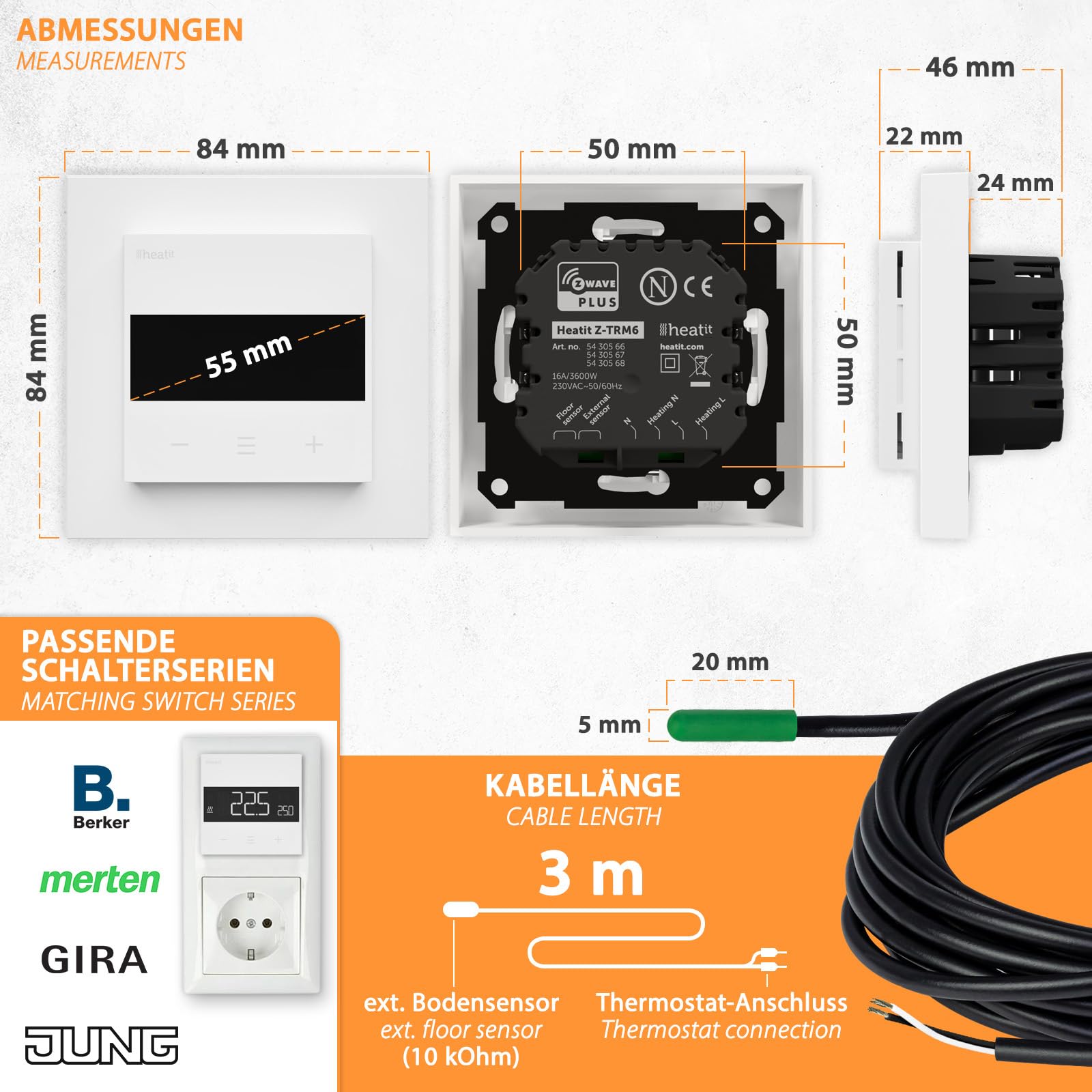 Heatit Z-TRM6 Z-Wave Plus Thermostat Raumregler mit EXT. Sensor für Fußbodenheizung elektrisch und wassergeführt, IR-Heizung, Farbe: weiß RAL 9003