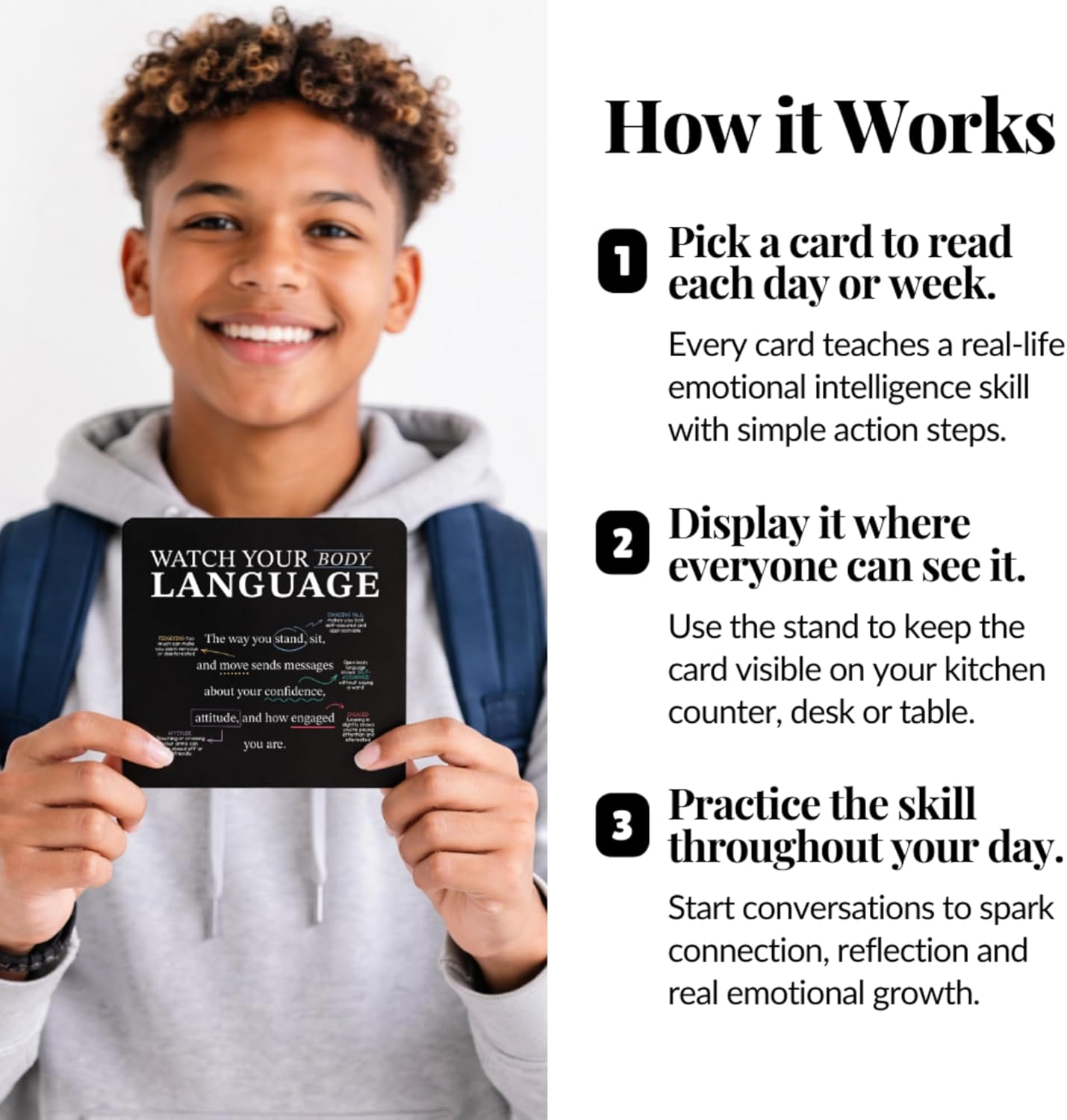 Emotional Intelligence Mindset Cards – 52 Card Deck for Connection & Social Skills – for Kids, Teens & Adults – Includes Wooden Display Stand, Gift for Teachers and Parents