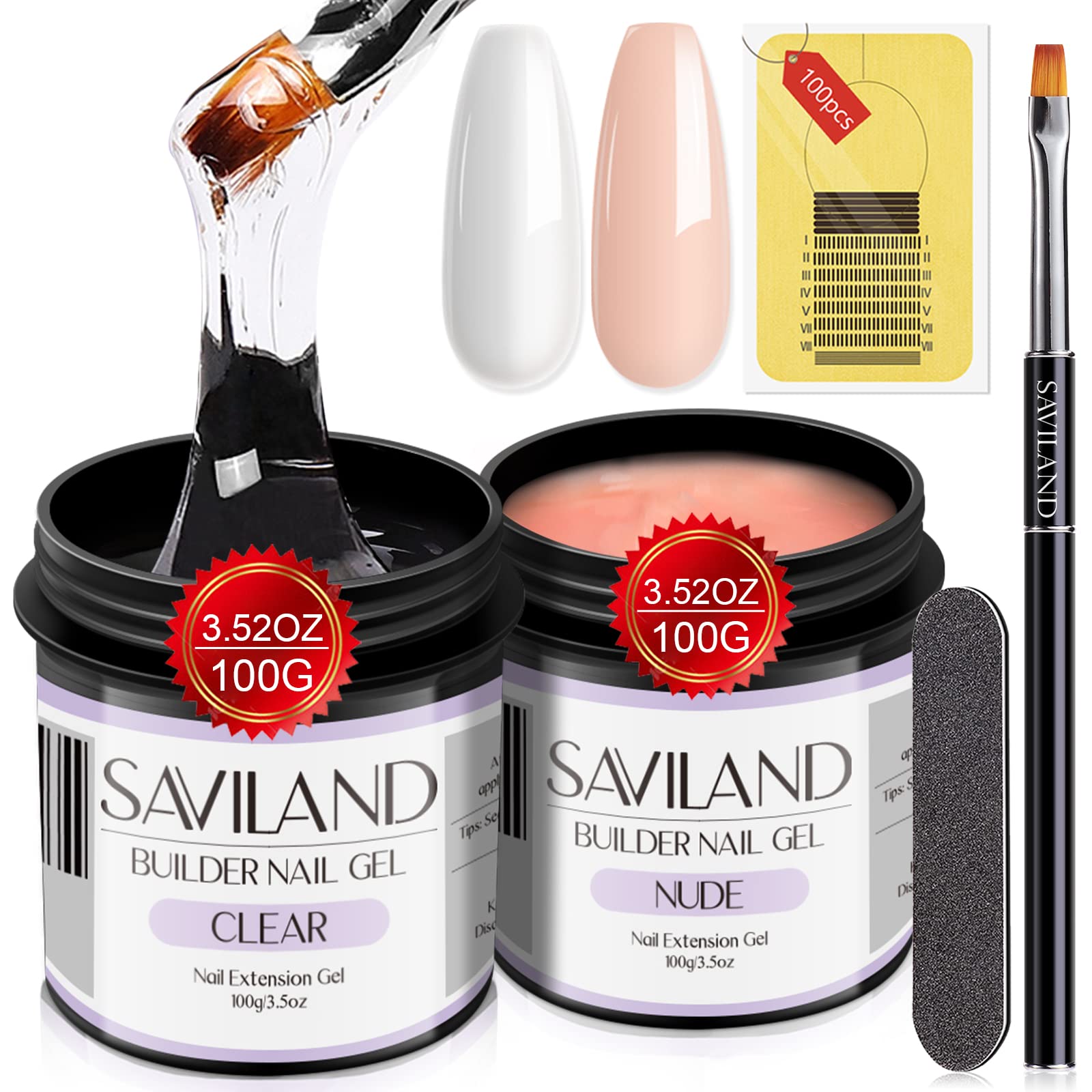 SAVILAND 2 x 100g Gel Ricostruzione Unghie Trasparente Nude 3.5 Once | Builder Gel per l'allungamento delle Unghie, 100 Formine per Unghie, Pennelli e Lime, per Saloni di Bellezza Professionali