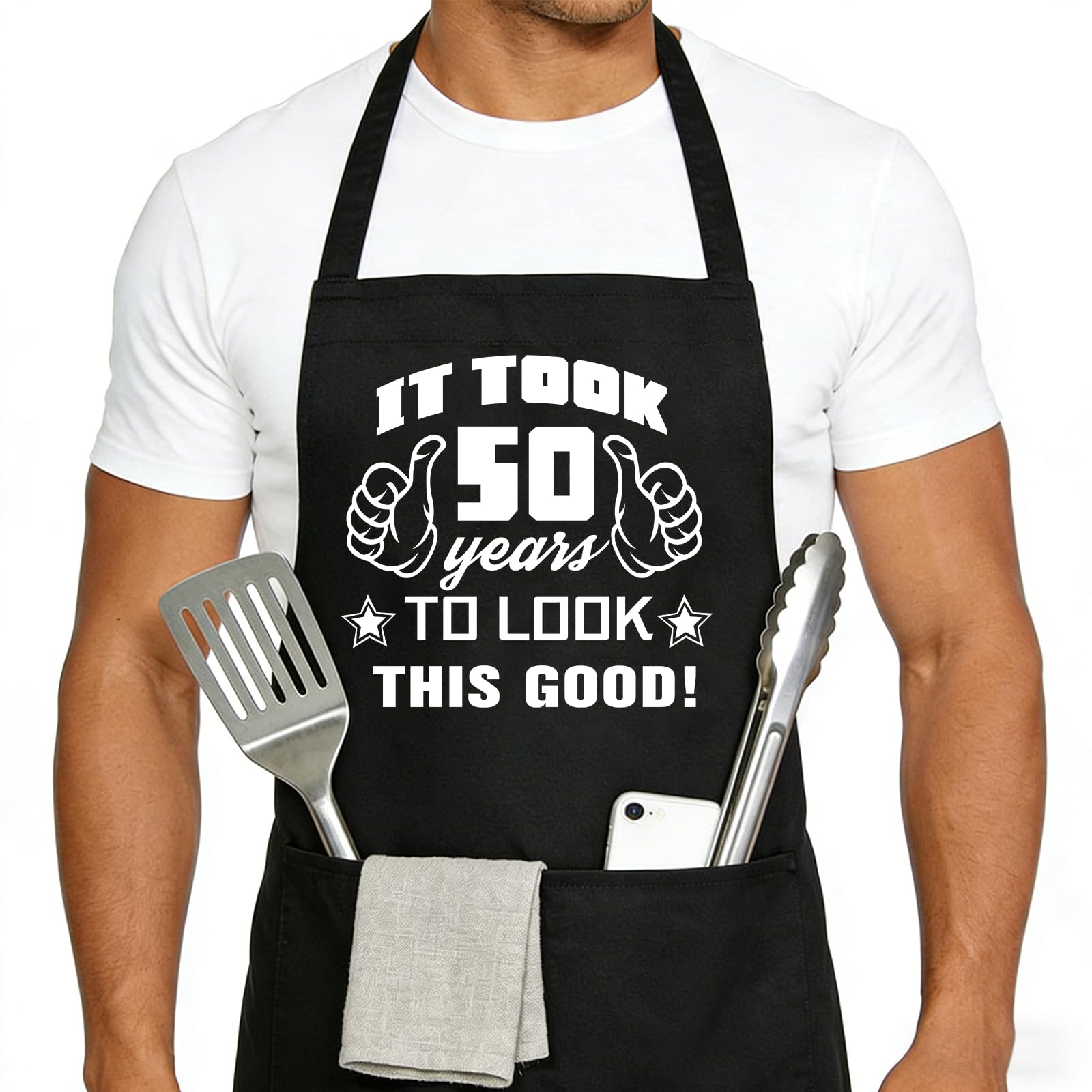 Funny Apron Adjustable for Men Father’s Day Grilling Gifts,50th Birthday Gifts for Men Kitchen Cooking Grill BBQ Aprons, Apron Gifts for Husband Wife Friends, Kitchen Chef Aprons with 2 Pockets
