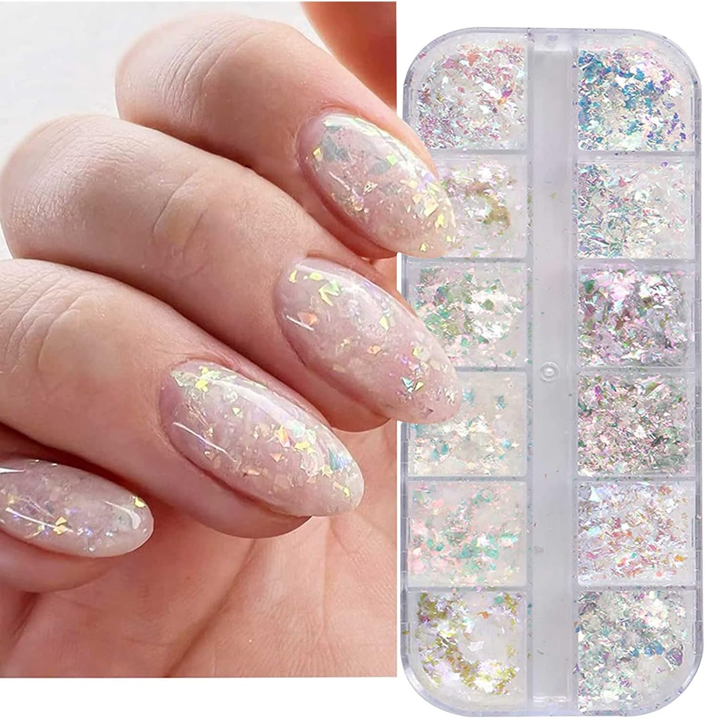 Holographic Iridescent Nail Art Nail Glitter KALEFUL Powder Aurora Foil Sequins Flakes Paillettes Designs Manicure Nail Decorations - 12 Grids