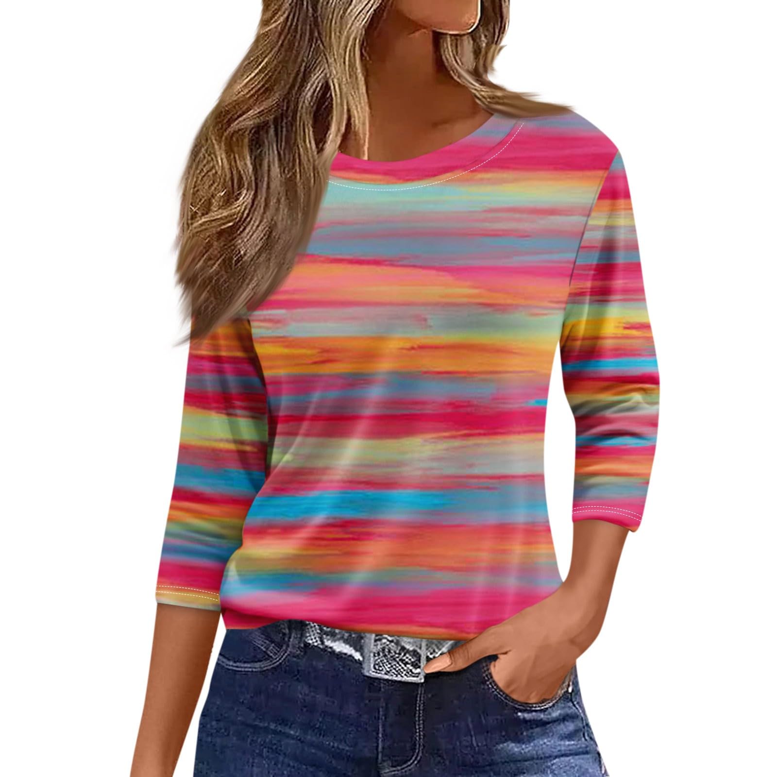 SCBFDI Tallas Grandes Mujer, Blusa Mujer Verano Manga De Siete Puntos Camisa Moderno Trabajo Cuello Redondo a Rayas Camiseta Ligero Delgado, Blusones Mujer Tallas Grandes