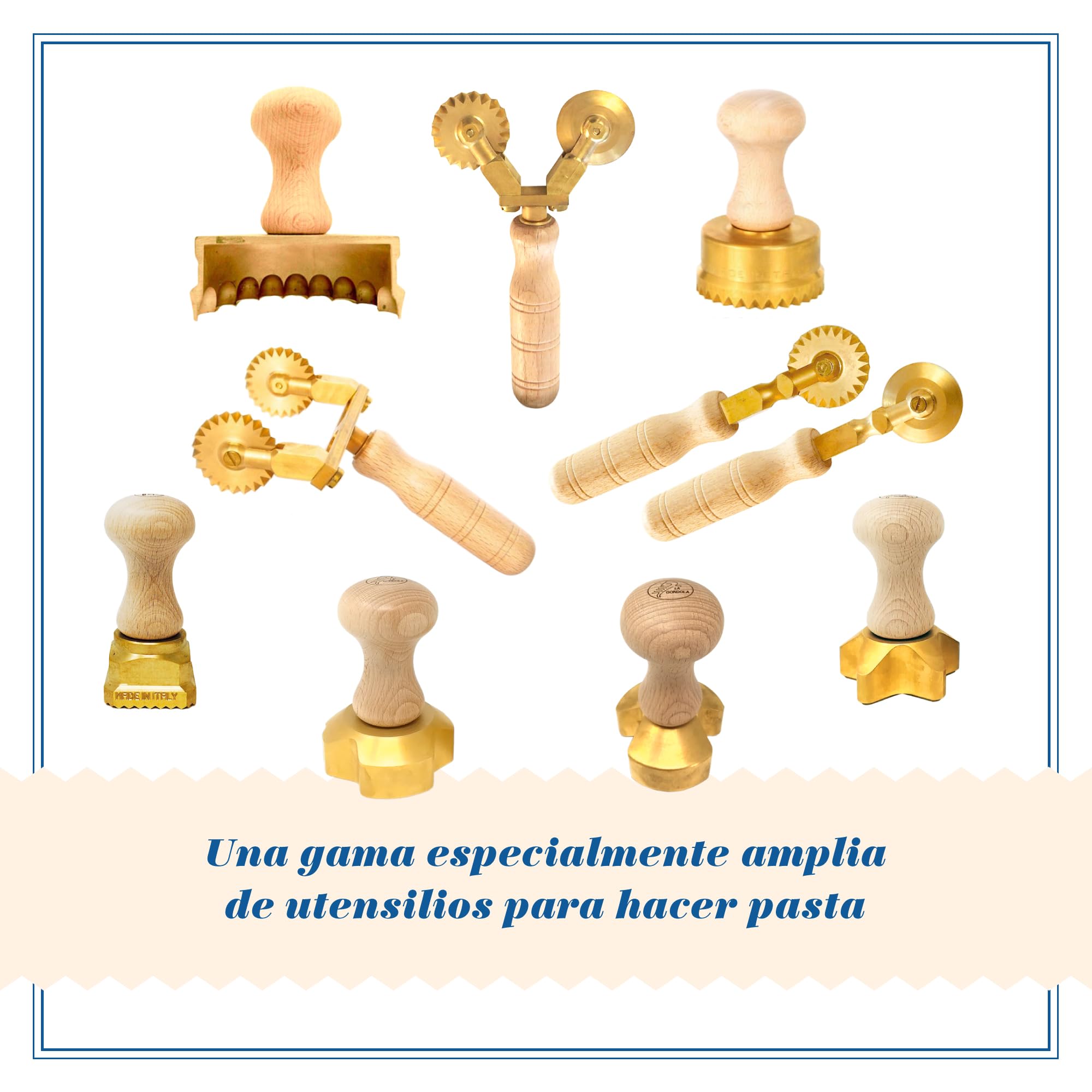La Gondola Set de 2 Cortadores de Raviolis Caseros - Redondo Liso 38 mm y Cuadrado Festoneado 45x45 mm | Cortapastas de Latón y Madera | Cortador de Pasta Fácil de Usar | Utensilios para Pasta Fresca