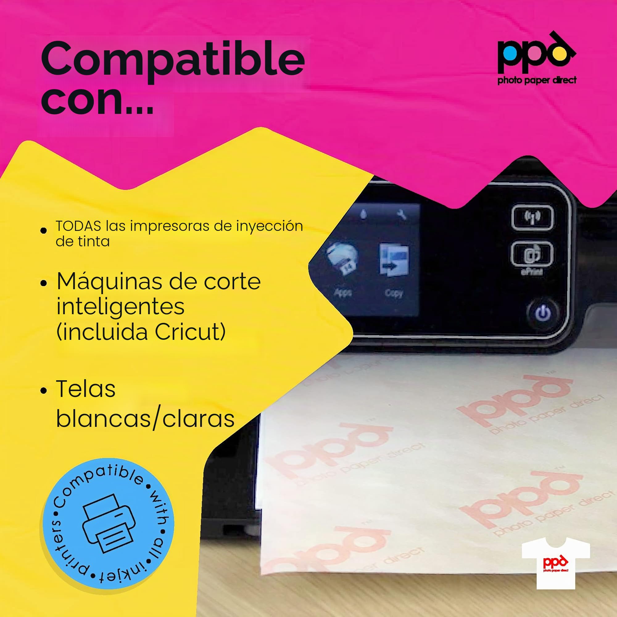PPD A4 x 100 Hojas de Papel de Transferencia Térmica Para Camisetas, Mascarillas y Tejidos Blancos o Claros - Para Impresora de Inyección de Tinta Inkjet - PPD-1-100