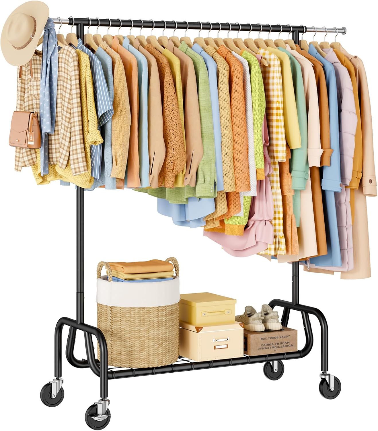 Heavy-duty Clothing Rack with Wheels, Rolling Clothes Rack with Shelf, Clothes Racks for Hanging Clothes, Metal Standing Garment Racks, Black Black with Wire Rack