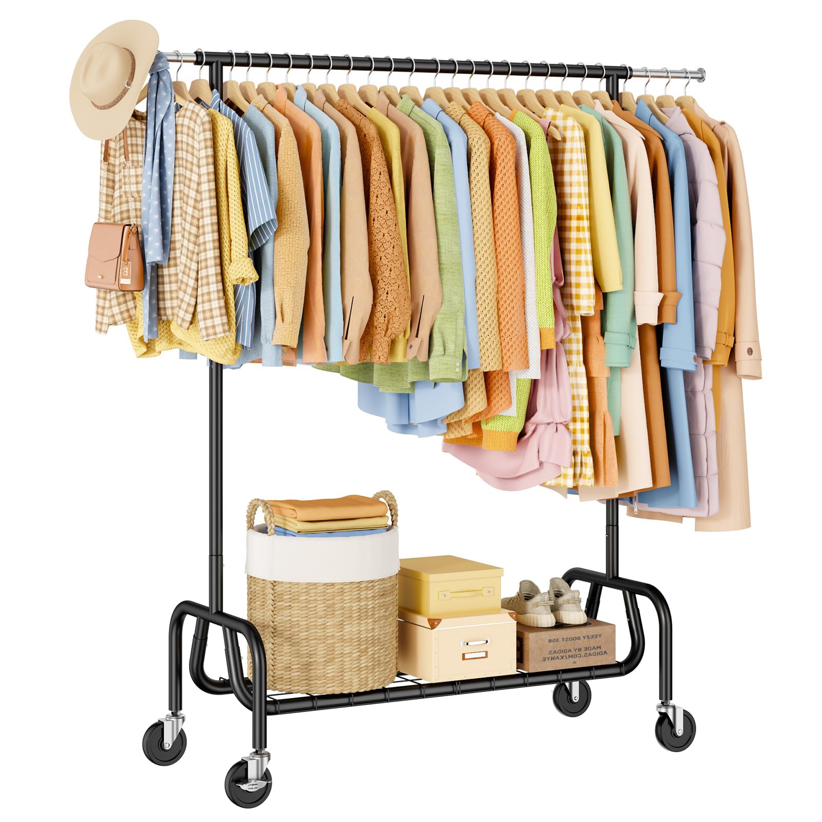 Heavy-duty Clothing Rack with Wheels Rolling Clothes Rack with Shelf Clothes Racks for Hanging Clothes Metal Standing Garment