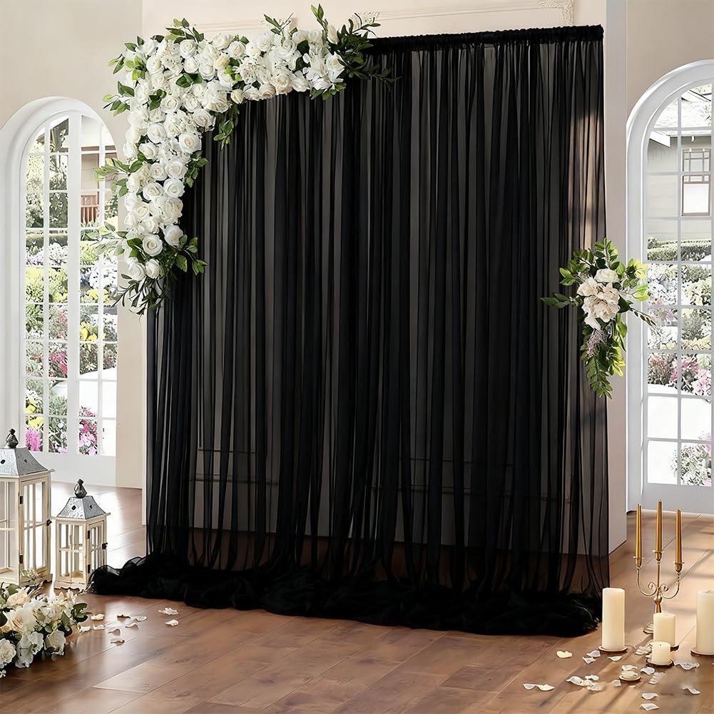 CREATCABIN 2 Piezas de Cortina de Fondo de Tul Negro Cortinas de Fondo Transparentes Negras Fondos para fotomatón para Bodas cumpleaños Despedidas de Soltera Fiestas de Navidad recepciones 1.5 x 2.5m