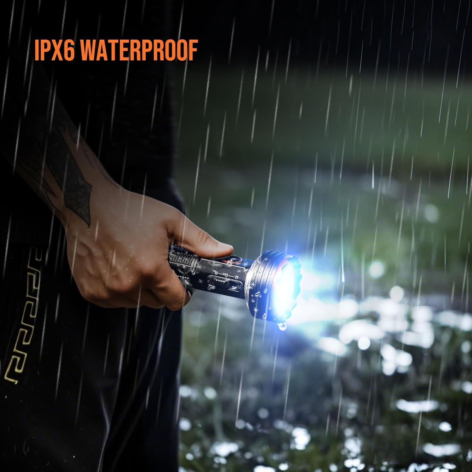 TrustFire TC50 flashlight being sprayed with water, demonstrating its IPX6 waterproof rating.