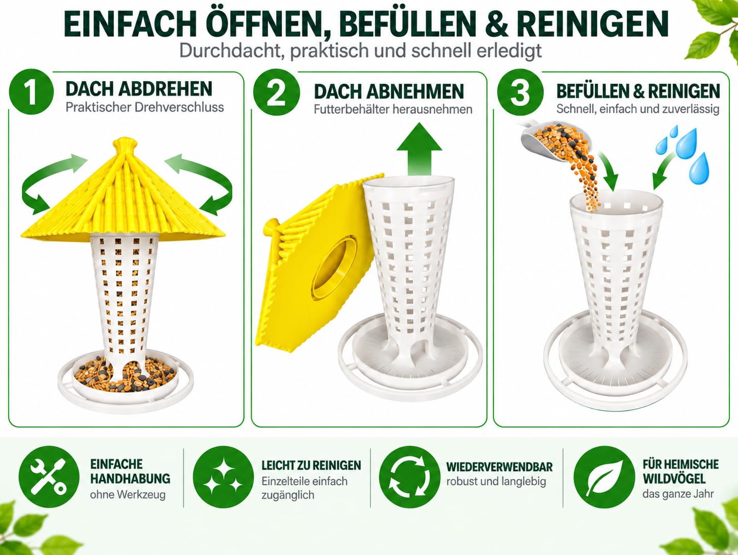 Mangeoire compacte à suspendre pour oiseaux - Avec bouchon tournant, amovible, facile à remplir et à nettoyer - avec perchoir pour oiseaux sauvages (jaune/blanc)