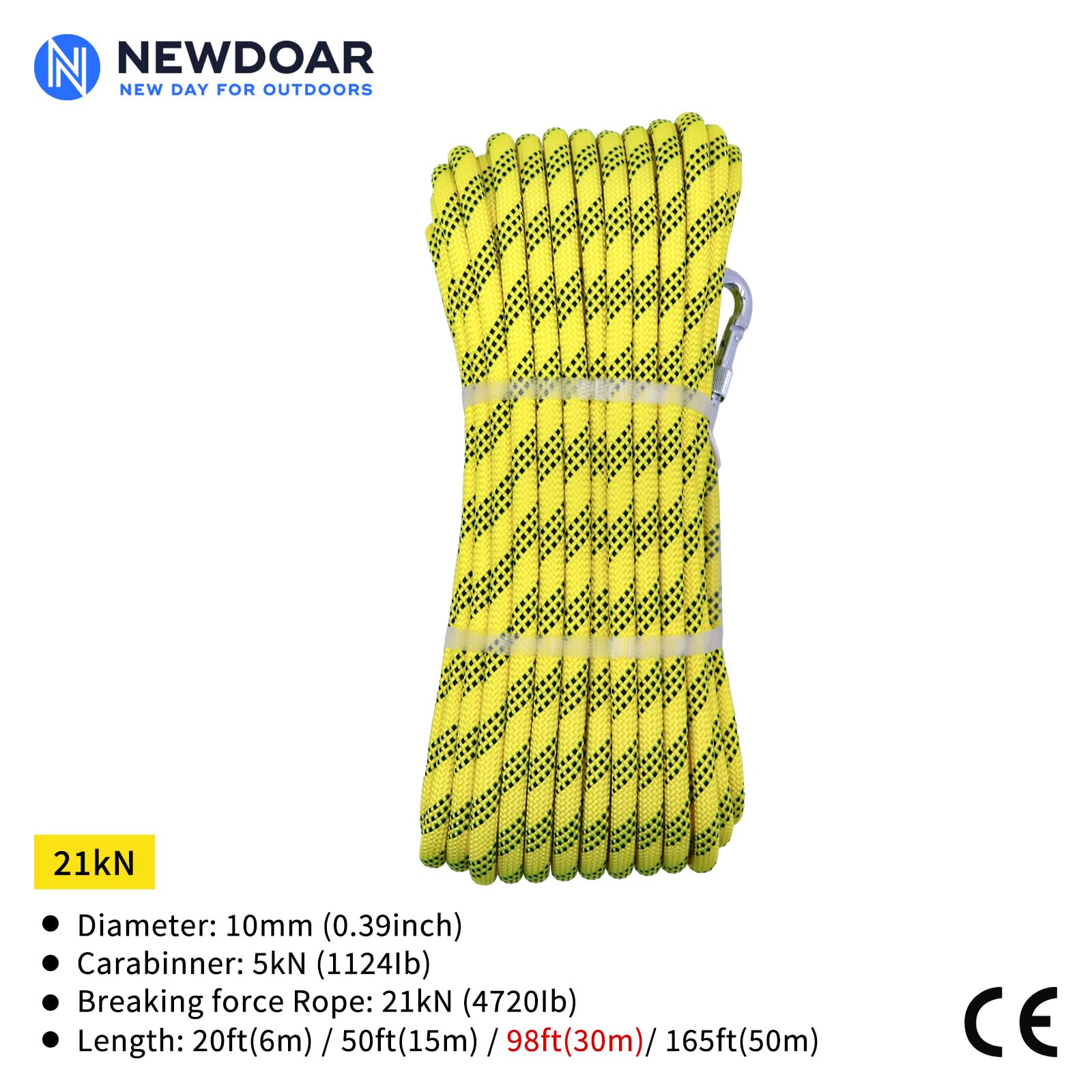 NewDoar Corde Marine tressée 10 mm avec Crochet – Amarre/remorquage/Ancre Polyester Haute résistance pour Bateau, Yacht, PWC – Crochet INOX pré-épissé-Jaune-30M