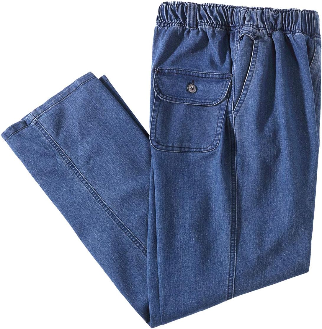 Men’s Elastic Waist Loose Fit Denim Pants Casual Solid Jeans Trouser