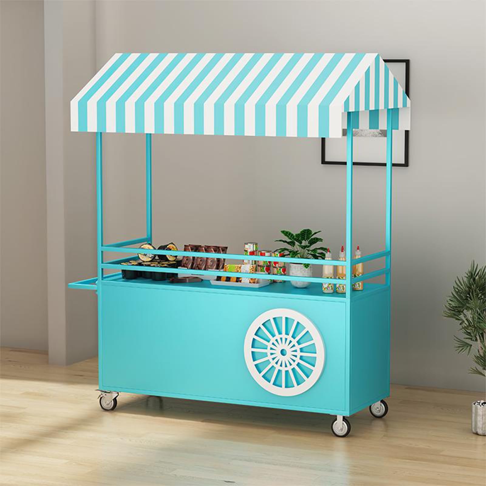 SENJINGHUA Iron Outdoor Vendor Cart with Canopy & Storage Box - Movable Stall Display Stand for Farmers Markets & Craft Shows