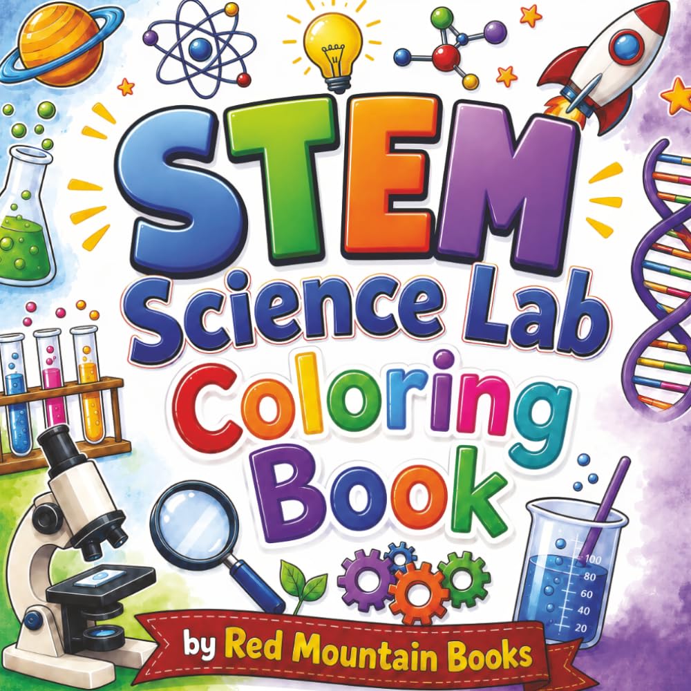 Science Lab STEM Coloring Book for Kids featuring chemistry, biology, engineering, and technology