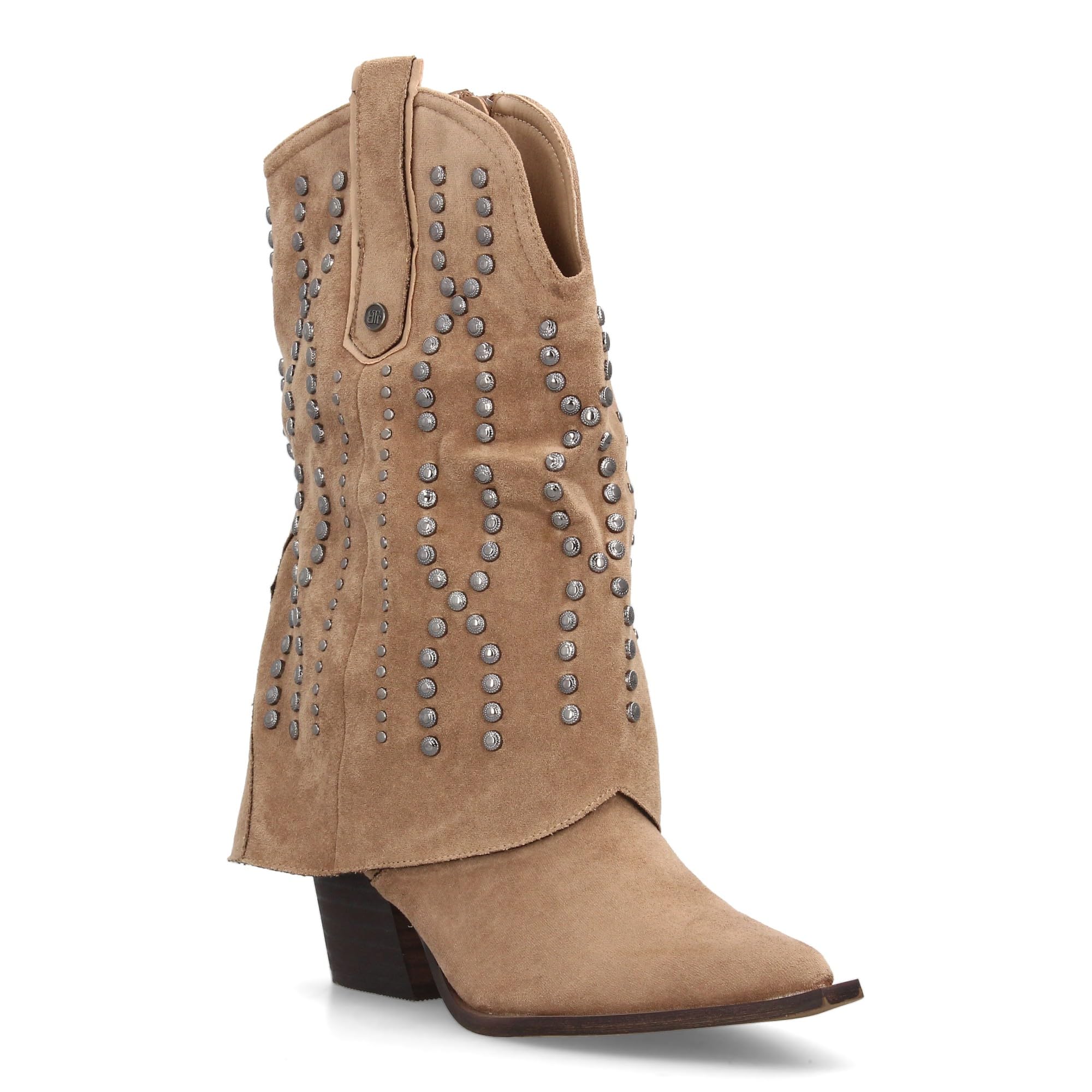 Botin Cowboy para Mujer con Diseno campero. Tachuelas metalicas, Punta Fina y Tacon. Ideal para la Temporada Otono Invierno.