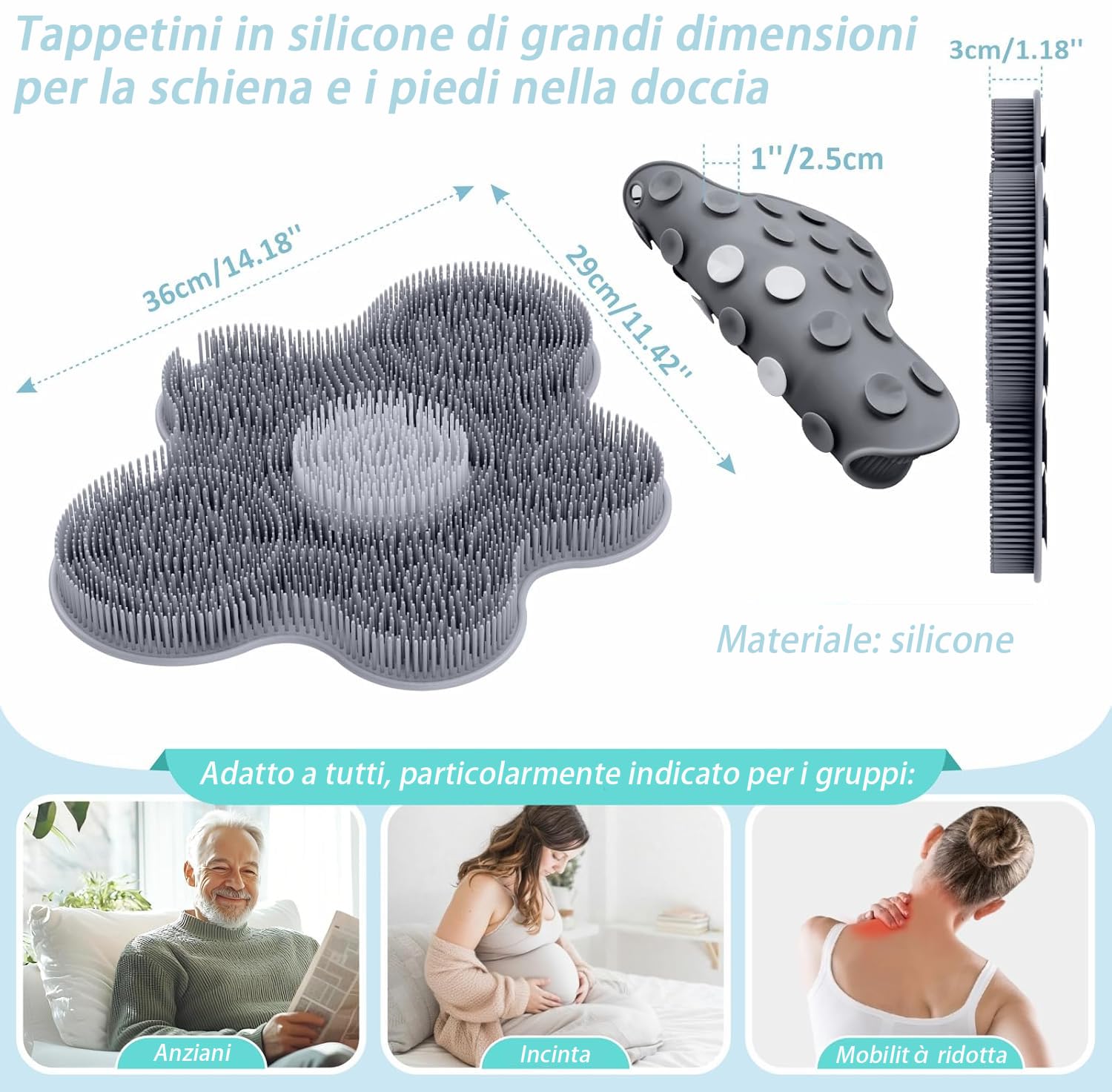 lavapiedi per Doccia, 14.2 * 11.2in Tappetino in Silicone per Doccia lavapiedi, Antiscivolo con Ventose per Lavapiedi, Spazzola per Piedi per Cura e Pulizia Profonda (Grigio)