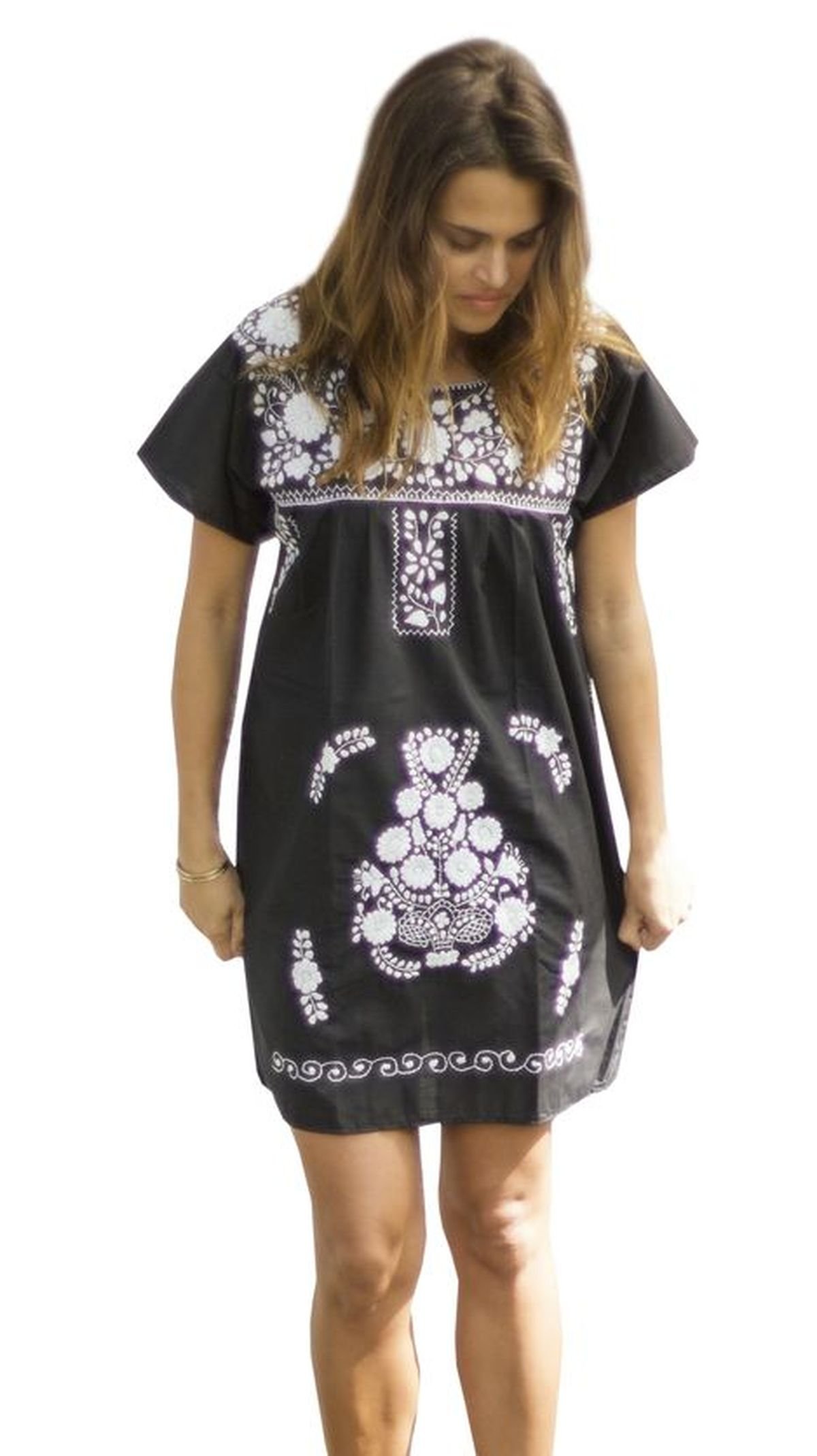 Embroidered Mexican Peasant Mini Dress (Black with White Size X-Large)