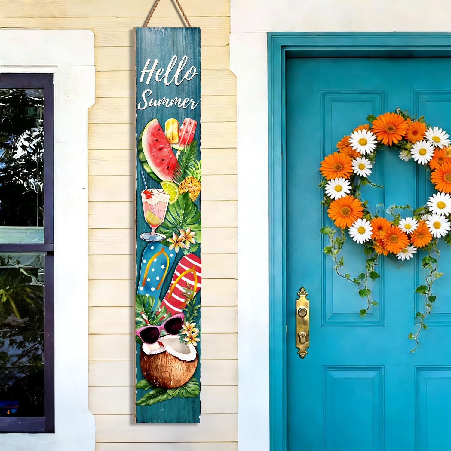 Hello Summer Porch Sign, Coastal Sign for Front Porch, Wooden Sign Yard, Vertical Wood Sign Standing for Patio Front Door Porch, Hello Summer for Holiday Home Cocktail Party Wall Yard Home Decor Indoor Outdoor, 47x8 inch