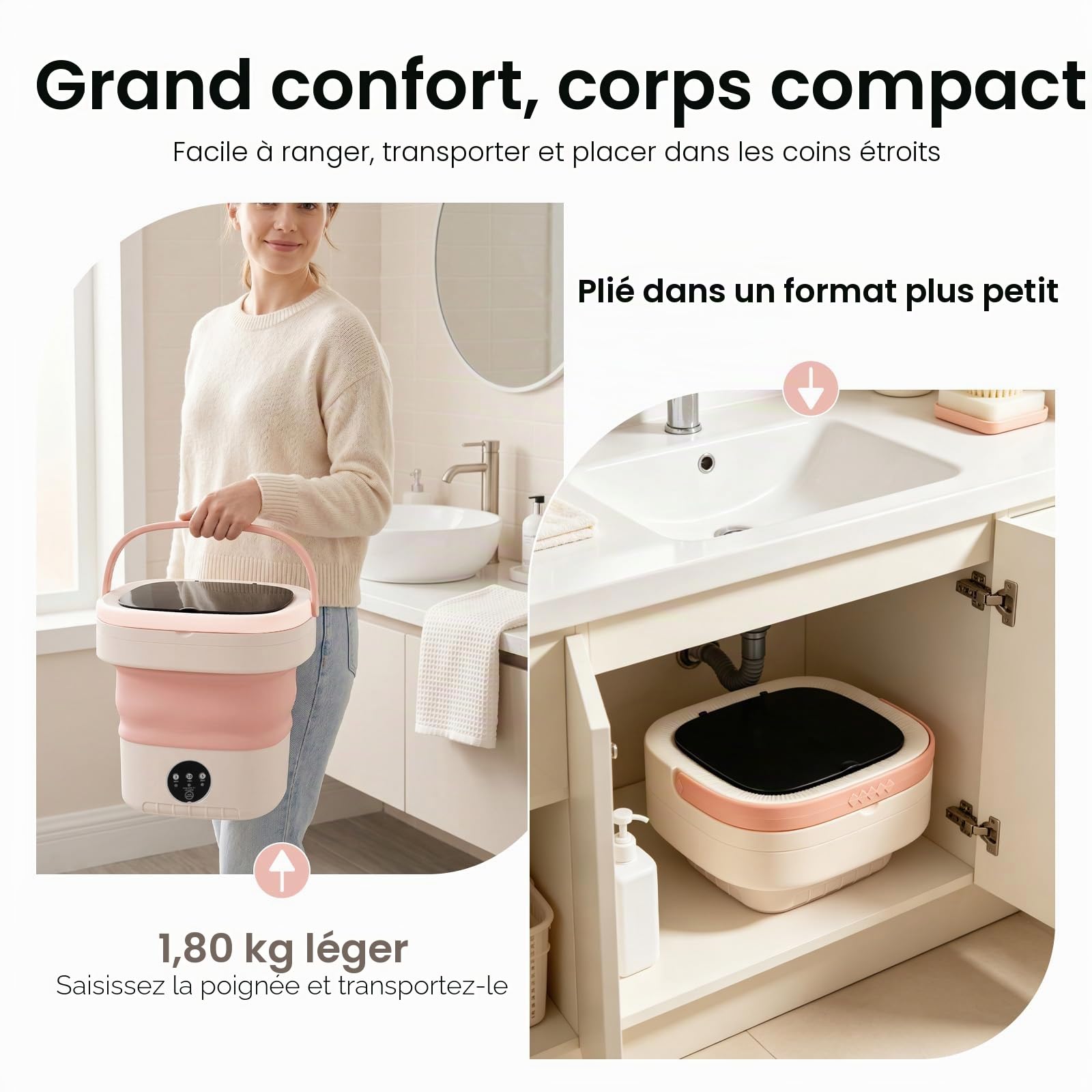 Mini machine à laver portable pliable 12 L avec tuyau de vidange et panier d'égouttement électrique pour sous-vêtements chaussettes Rose