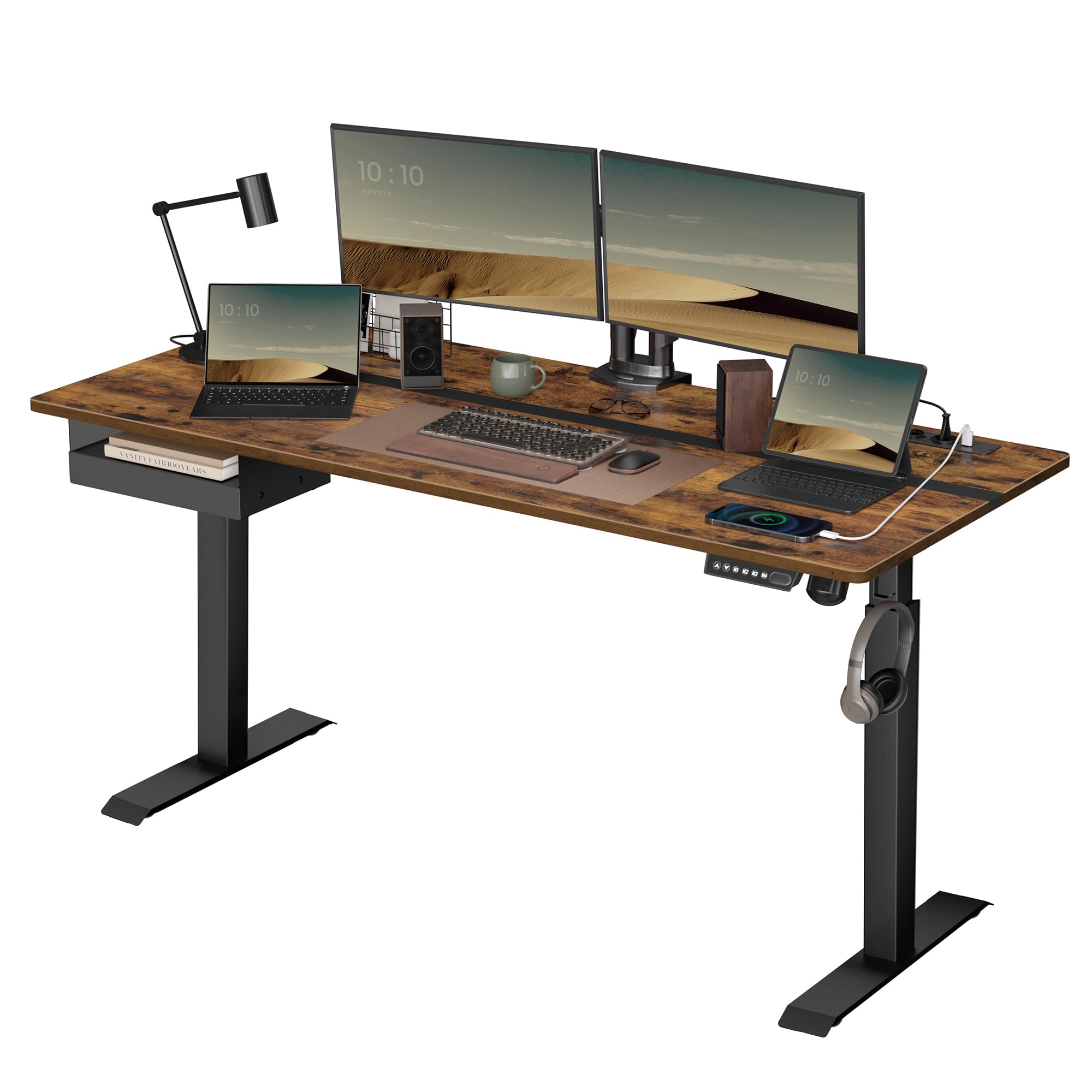 VASAGLE Escritorio Eléctrico Ajustable en Altura, Escriotrio de Pie, Enchufe y Cajón, 70 x 160 cm de Encimera, Ajuste Continuo, 4 Funciones de Memoria de Altura, Marrón Rústico y Negro Tinta LSD116X01