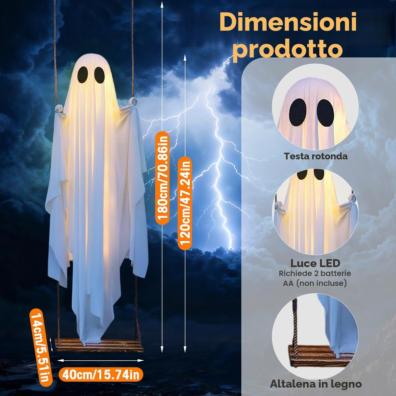 Decorazioni da appendere a forma di fantasma oscillante per Halloween, kit di decorazioni per albero spettrale con luci a corda, decorazione spaventosa per feste per esterni, giardino, cortile, prato