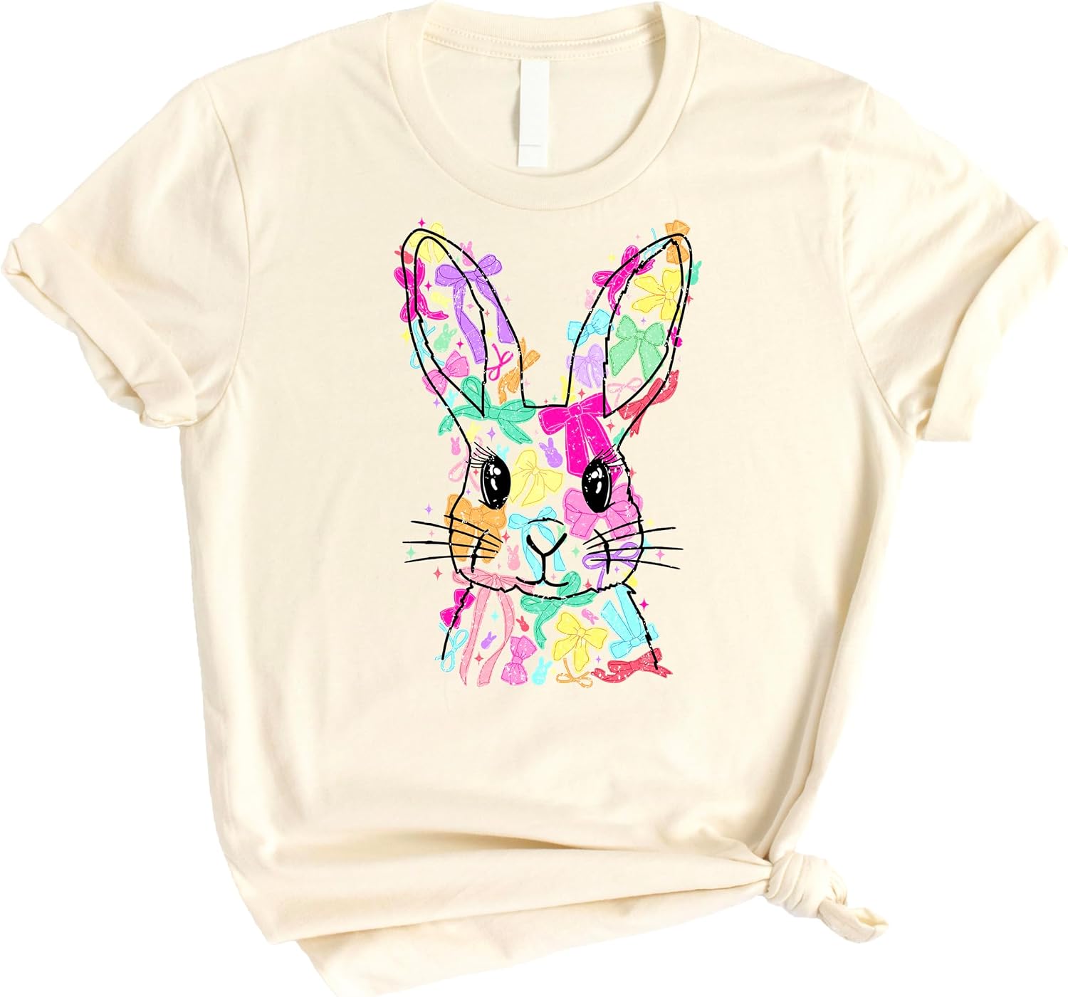Trendy Easter Bunny Shirt for Women and Girls Bright Coquette Bows and Rabbit Spring Tee