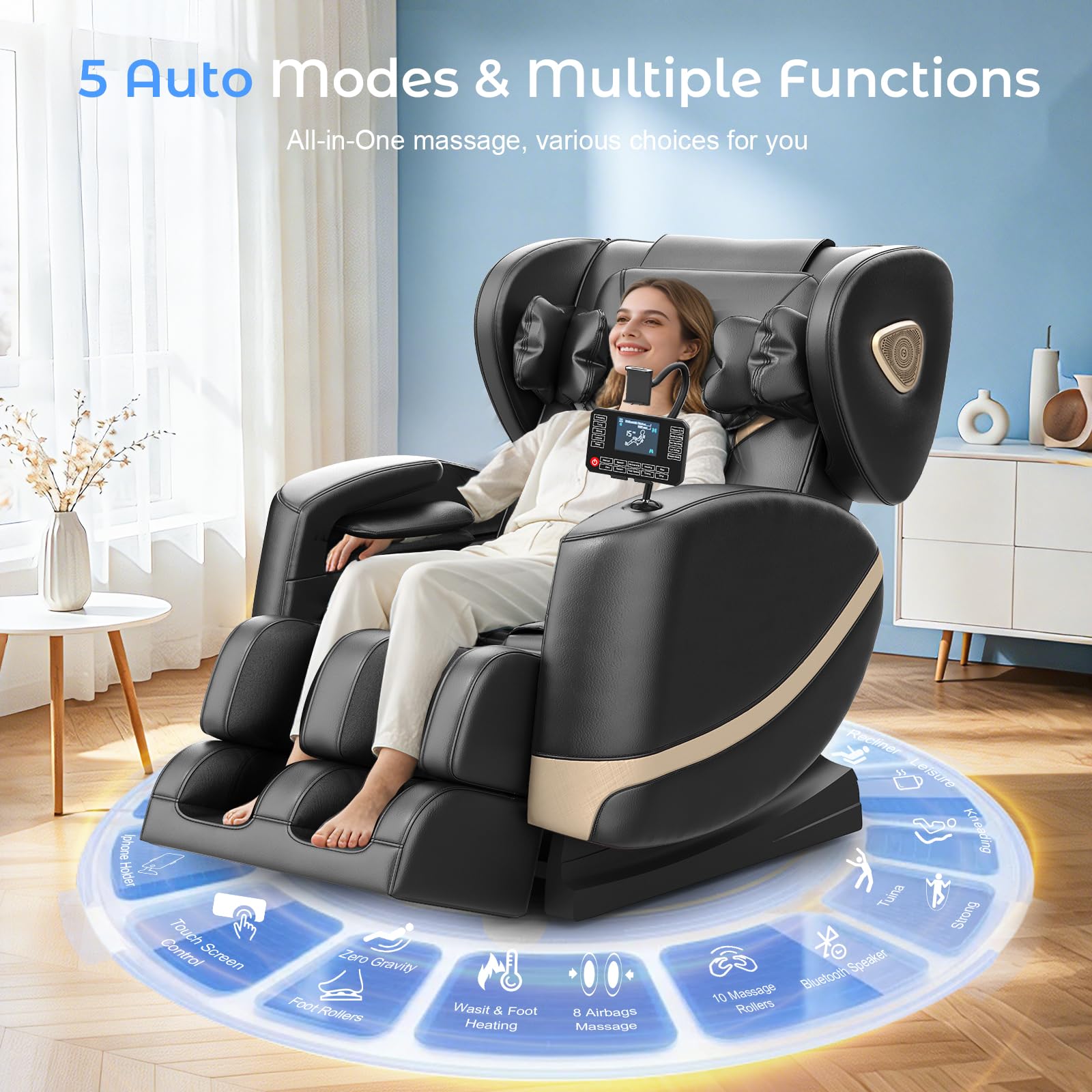 Poltrona Massaggiante per Tutto il Corpo con Rulli e Airbag, Funzione Zero Gravity, Altoparlanti Bluetooth e Touchscreen, Funzione Riscaldante per Vita e Gambe, con Massaggio Plantare (Nero)