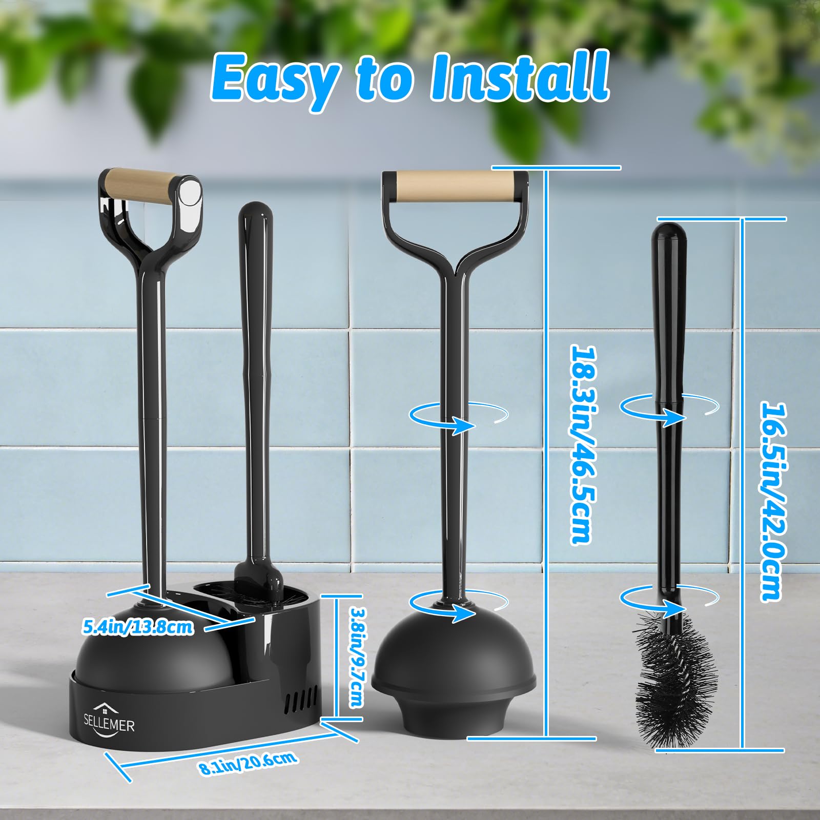 Sellemer Toilet Brush and Plunger Set, Curved Design Head for Deep Cleaning, Heavy Duty Toilet Bowl Brush and Plunger Combo with Holder for Bathroom Cleaning, Black, 2 Pack — view 6