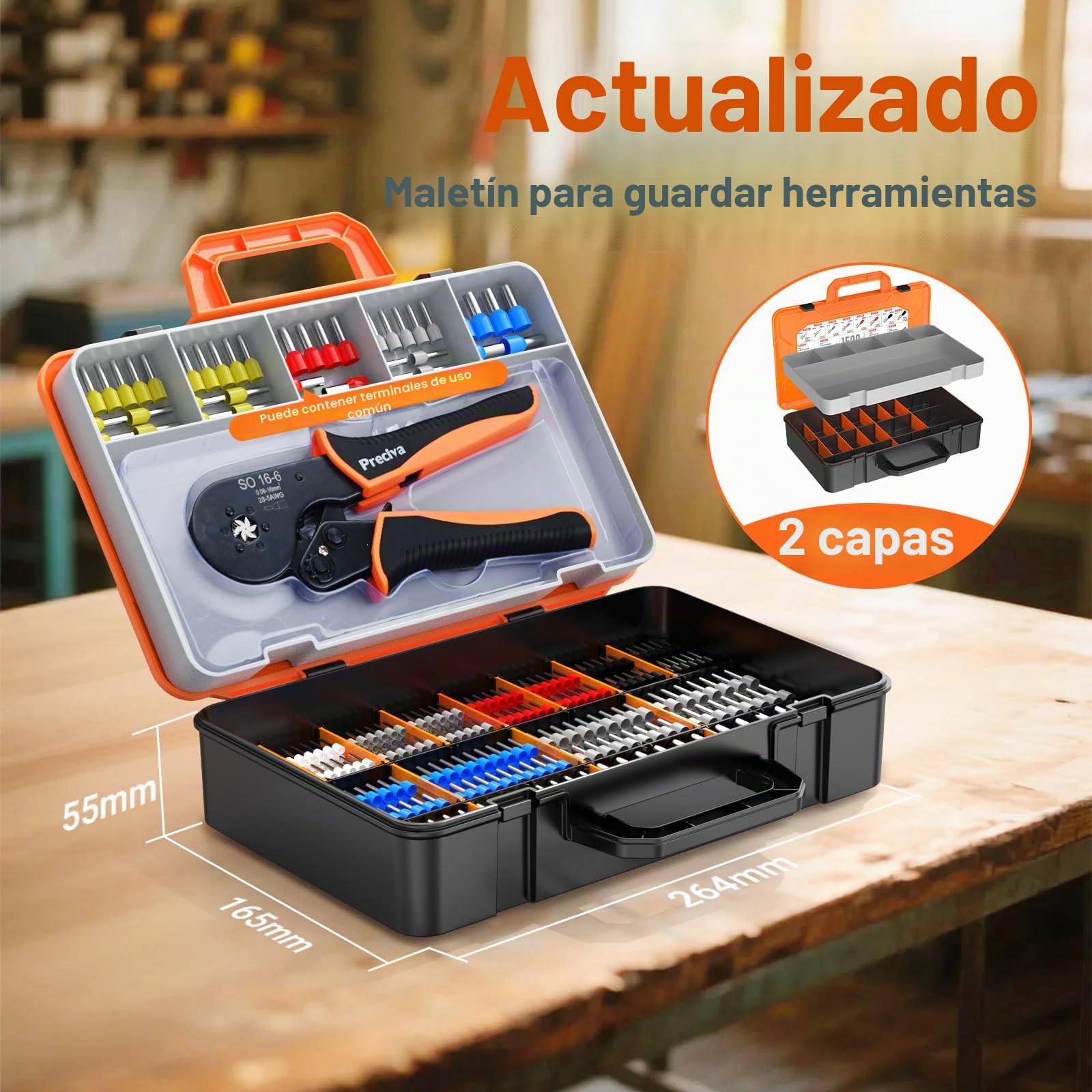 Preciva Crimpadora Terminales Eléctricos con 1500 Punteras – Alicates de Crimpeado Hexagonales 0,08-16mm², Prensa Terminales Cables, Kit de Crimpado con Caja, Herramienta de Crimpado de Virola