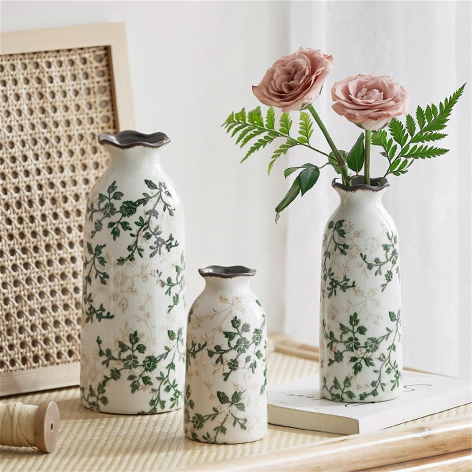 Ensemble de vases en céramique à Fleurs Vertes, Vases décoratifs glaçure craquelée for Salon, Chambre Coucher, Bureau Décoration d'intérieur(Grand)
