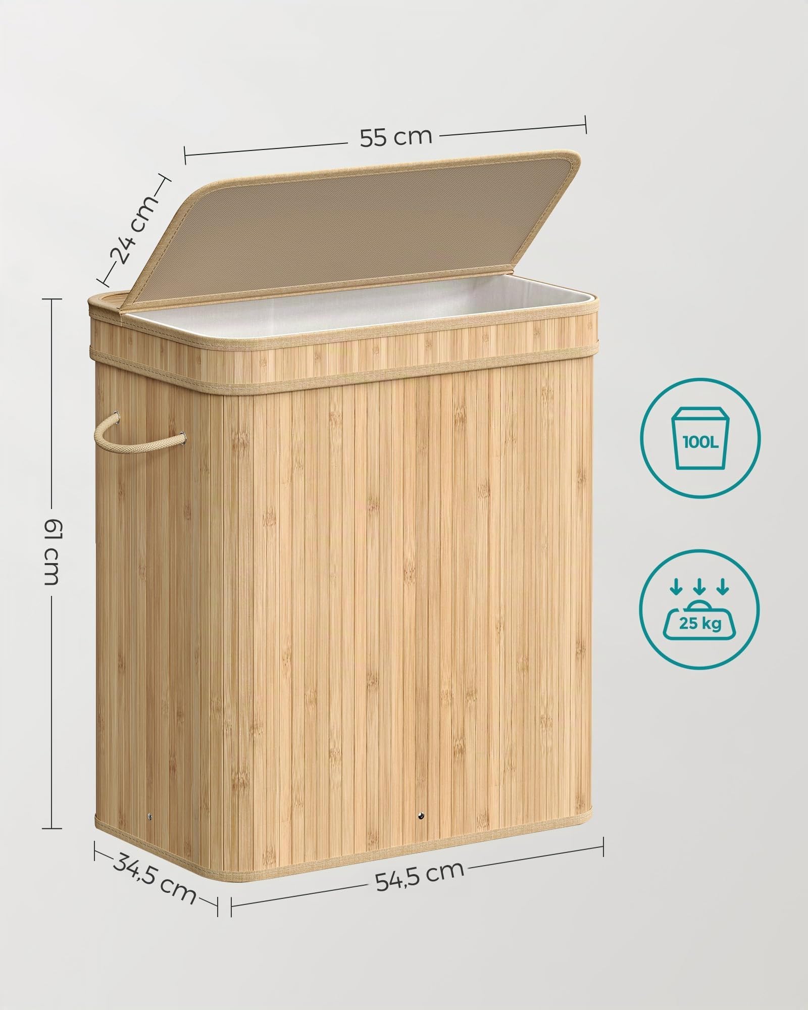 SONGMICS Cesto portabiancheria con coperchio, 100 l, in bambù, rimovibile e lavabile in lavatrice, con manici, per lavanderia, camera da letto, bagno, colore: naturale LCB063N01