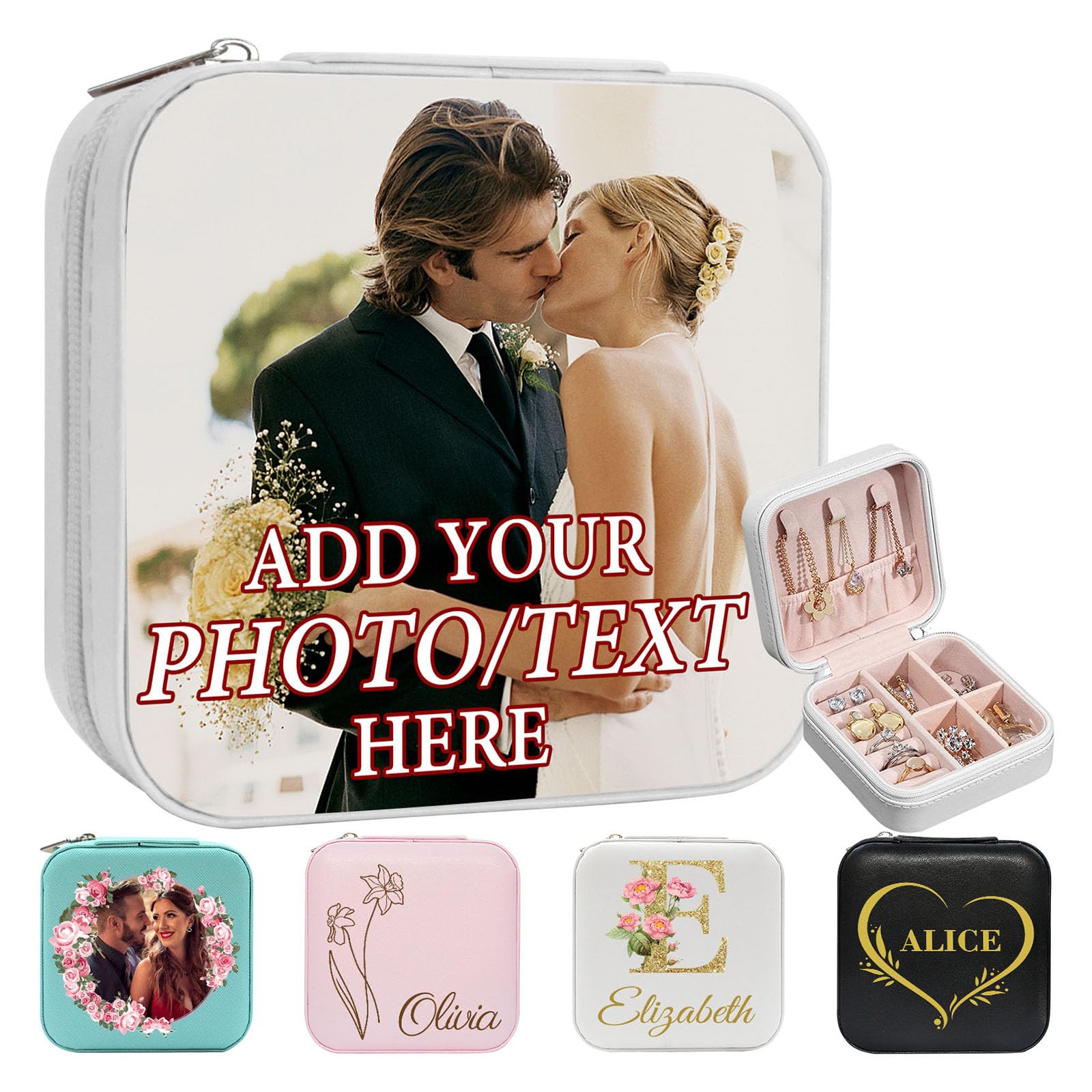 SIMIEEK Personalized Travel Jewelry Box Case for Women with Name Photo Picture Logo Custom Leather Jewelry Box for Teen Girls Gift