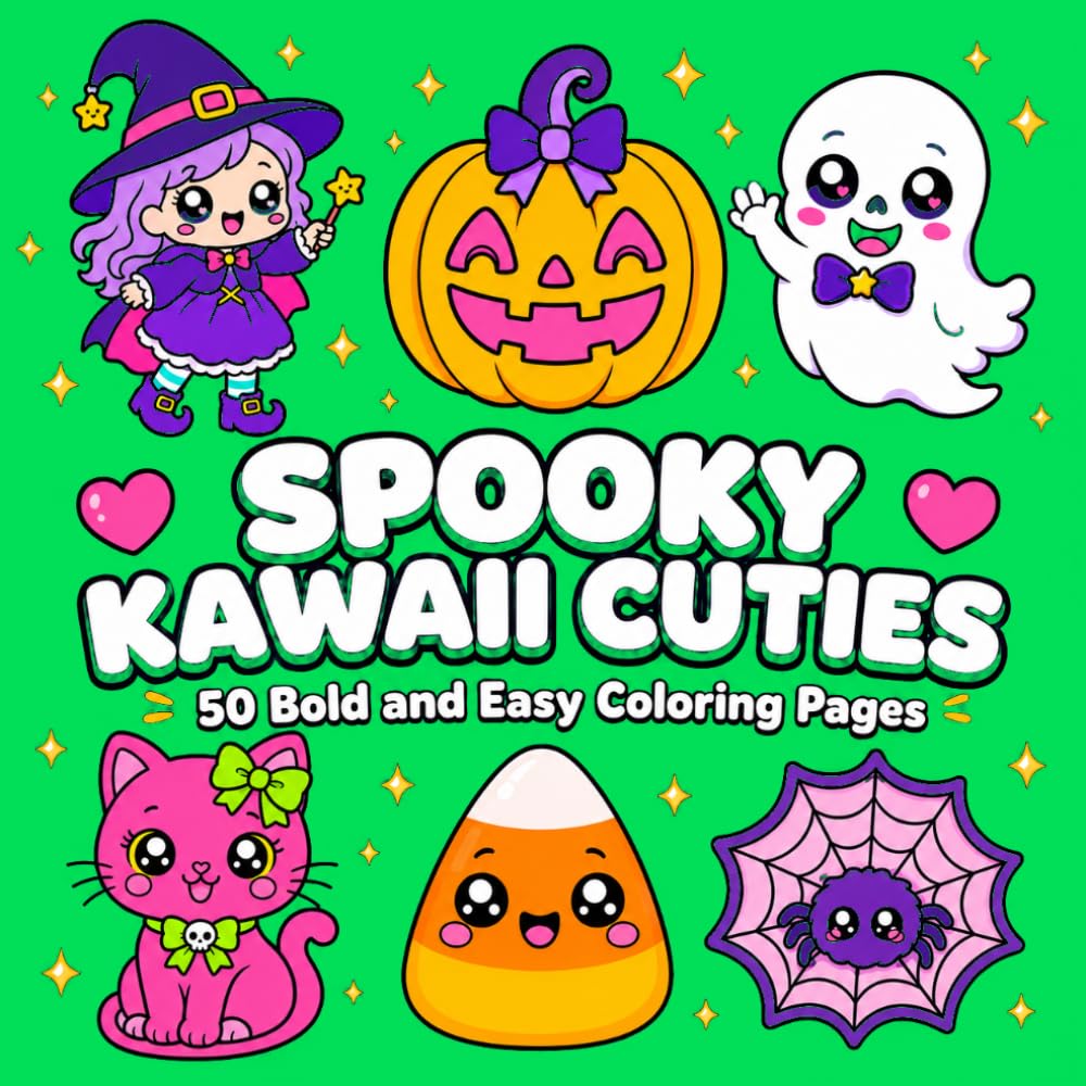 Spooky Kawaii Cuties: A Bold and Easy Halloween Coloring Book for Kids, Teens and Adults: 50 Cute Kawaii Halloween Designs Featuring Witches, Ghosts, ... Kawaii Cuties Bold and Easy Coloring Books)