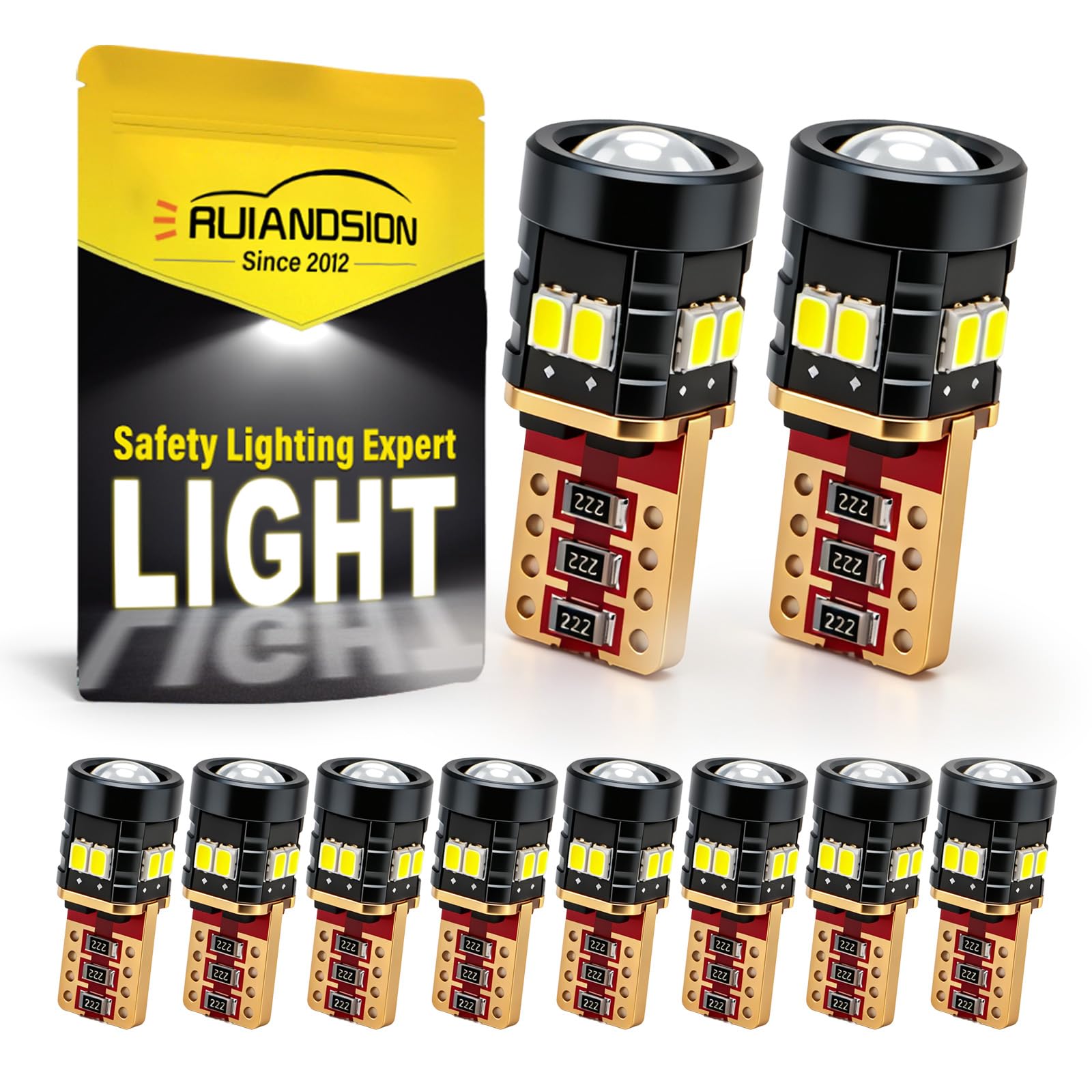Ruiandsion T10 LED 12V per Luce Interna 6000K 250LM Super Luminoso 10 Pezzi | Kit completo per plafoniera, mappa, baule e vano guanti. Illuminazione bianca pura. Alloggiamento in alluminio.
