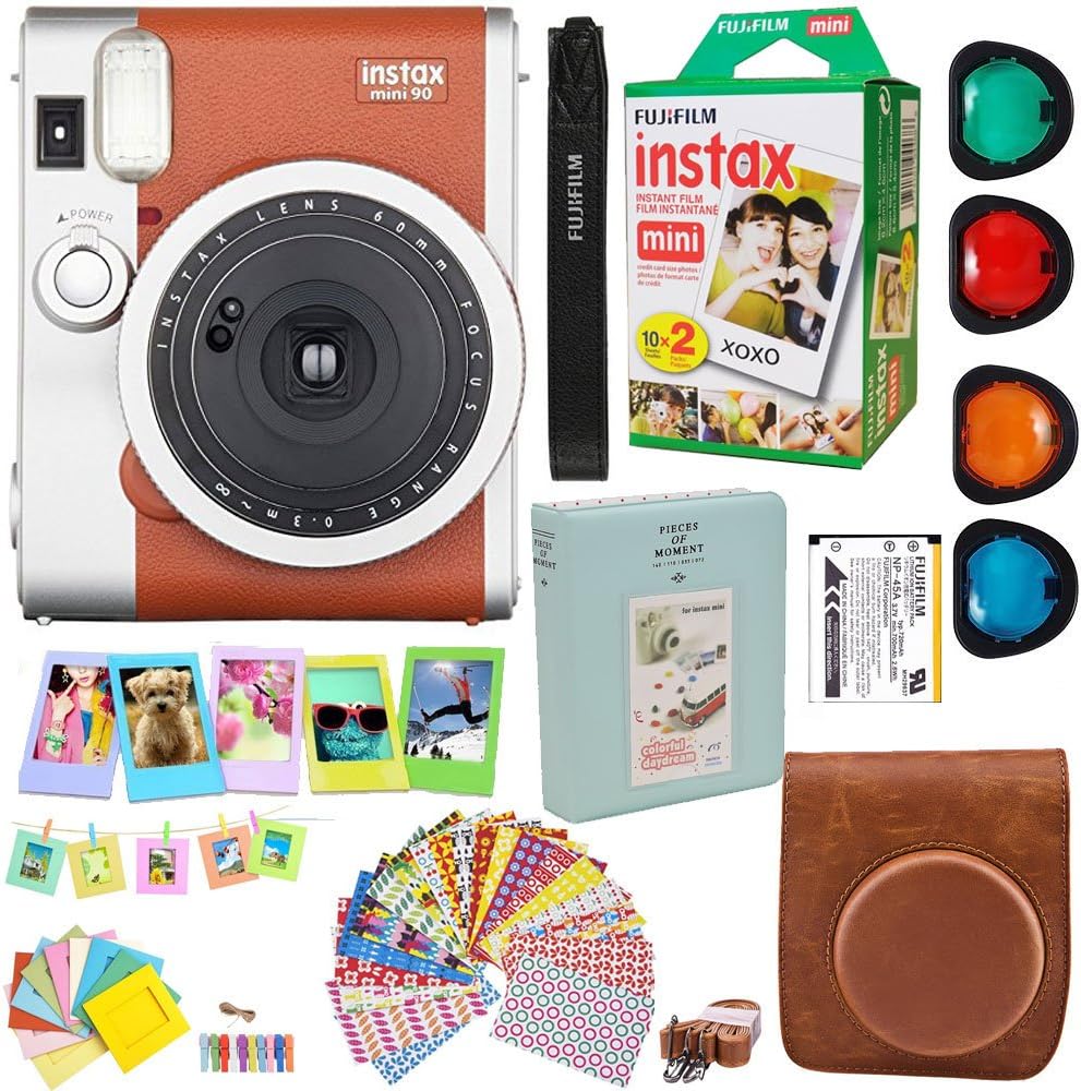 Fujifilm Instax Mini 90 Neo Classic Instant Film Camera (Brown) + Fuji Instax Film Twin Pack (20PK) + Accessories Kit/Bundle + Fitted Case + 4 Filter Lens + Frames + Photo Album + More