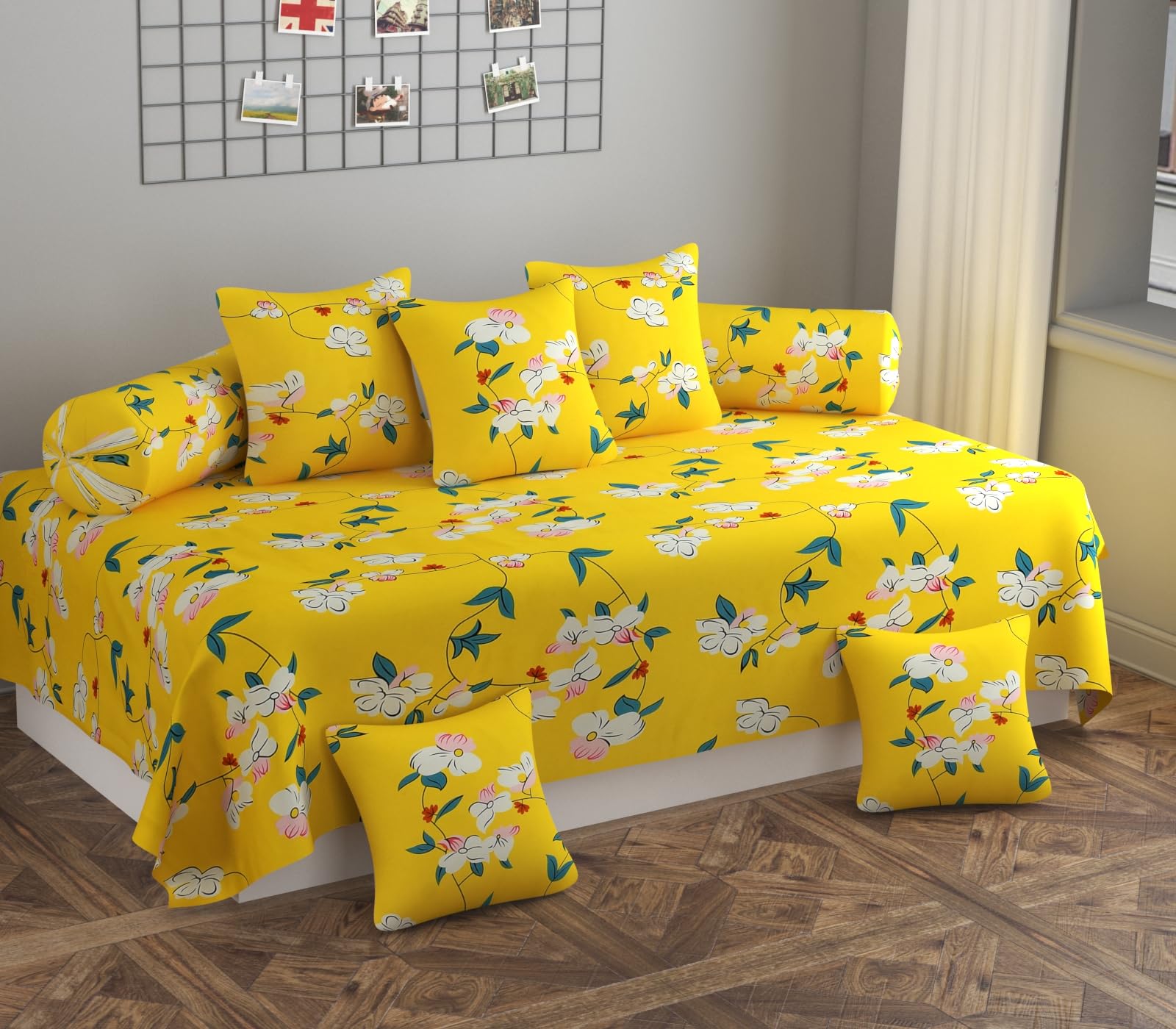 Jai BUN Soft Glace Cotton Floral 8 Pieces Diwan Cover Set for Living Room/Bed Room || One Single Bedsheet, 2 Bolster Covers, 5 Cushion Covers, Yellow Multicolor-image-48
