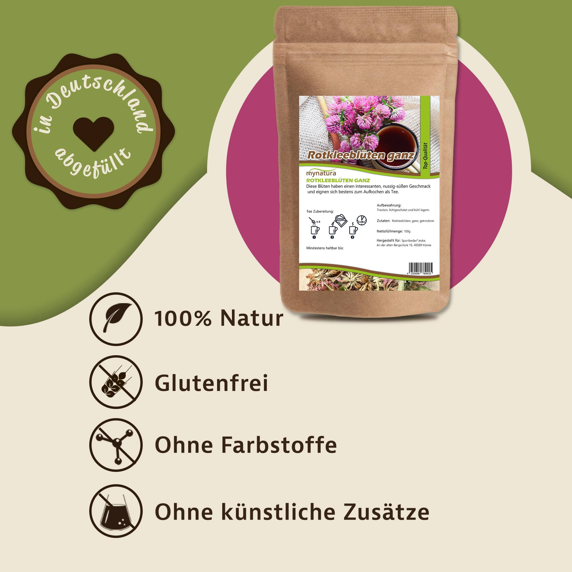 Mynatura Rotkleeblüten ganz und getrocknet | Teeblüten | Tee kochen | Rotklee | Kleeblüten | Vegan | Blüten | Im Beutel 1000g