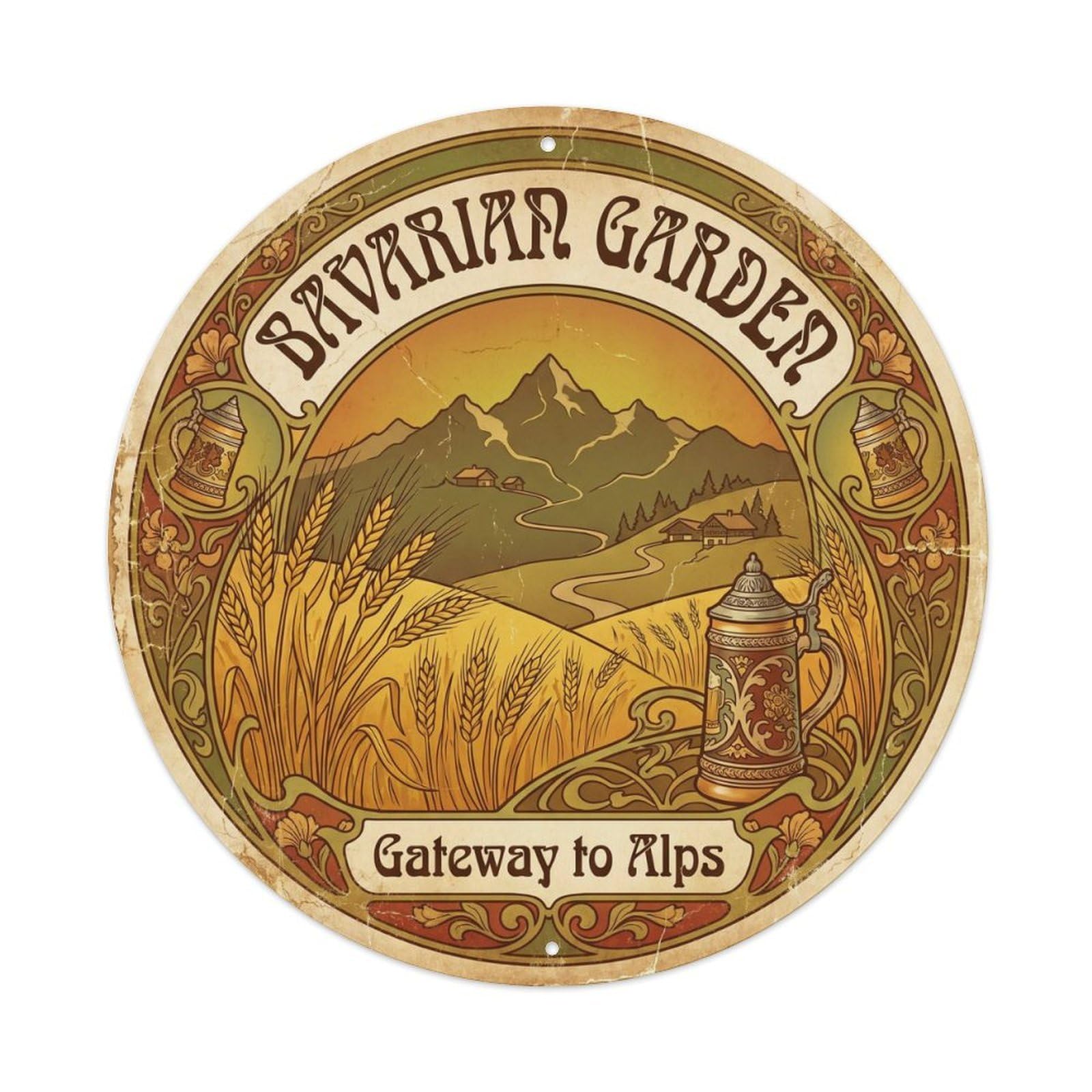 Yrnq Vintage Style Vintage Travel Bavarian Garden Gateway Vintage Metal Tin Sign Plaque Wall Decor For Cafe, Club, Garden Round Metal Poster 8X8inch