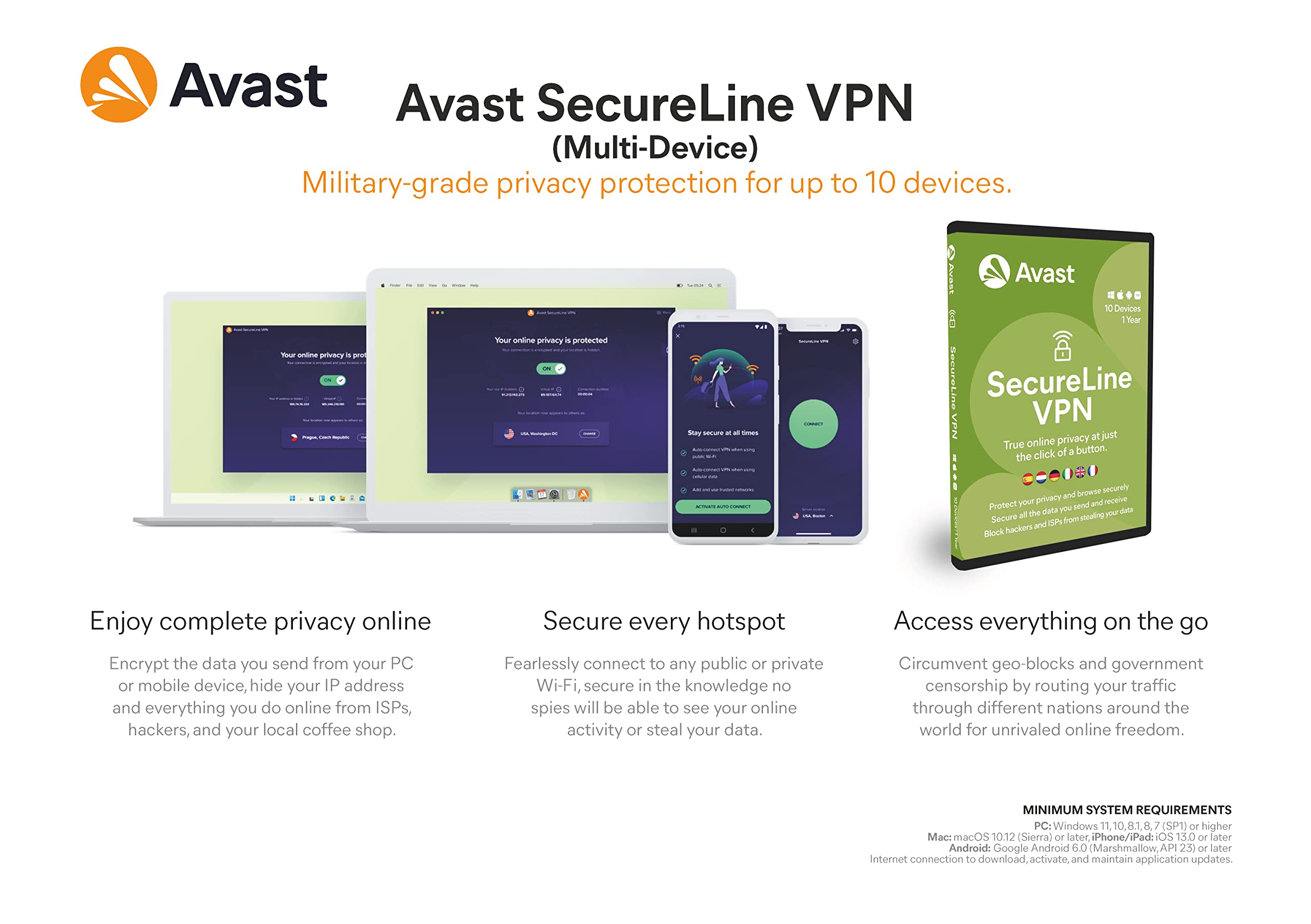 Avast SecureLine VPN 2025 - Virtual Private Network für ein wahrhaft anonymes Surferlebnis - für Windows, MacOS, iOS and Android | 10 Geräte | 1 Jahr | PC/Mac