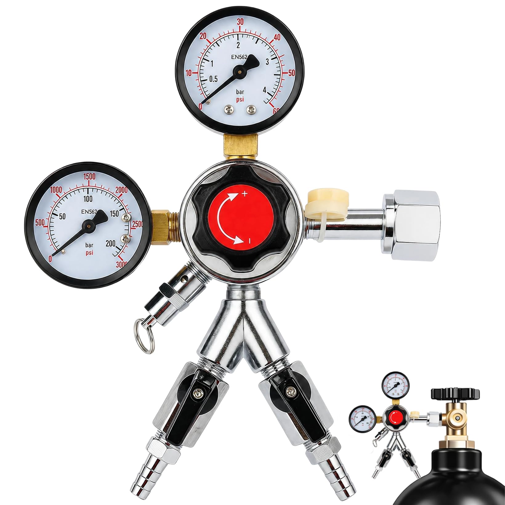 Reduktor ciśnienia CO2 2 l, W21.8 CO2, reduktor ciśnienia z podwójnym manometrem i zaworem ograniczającym ciśnienie do maszyn do piwa, regulatora butli gazowych CO2, produkcja piwa