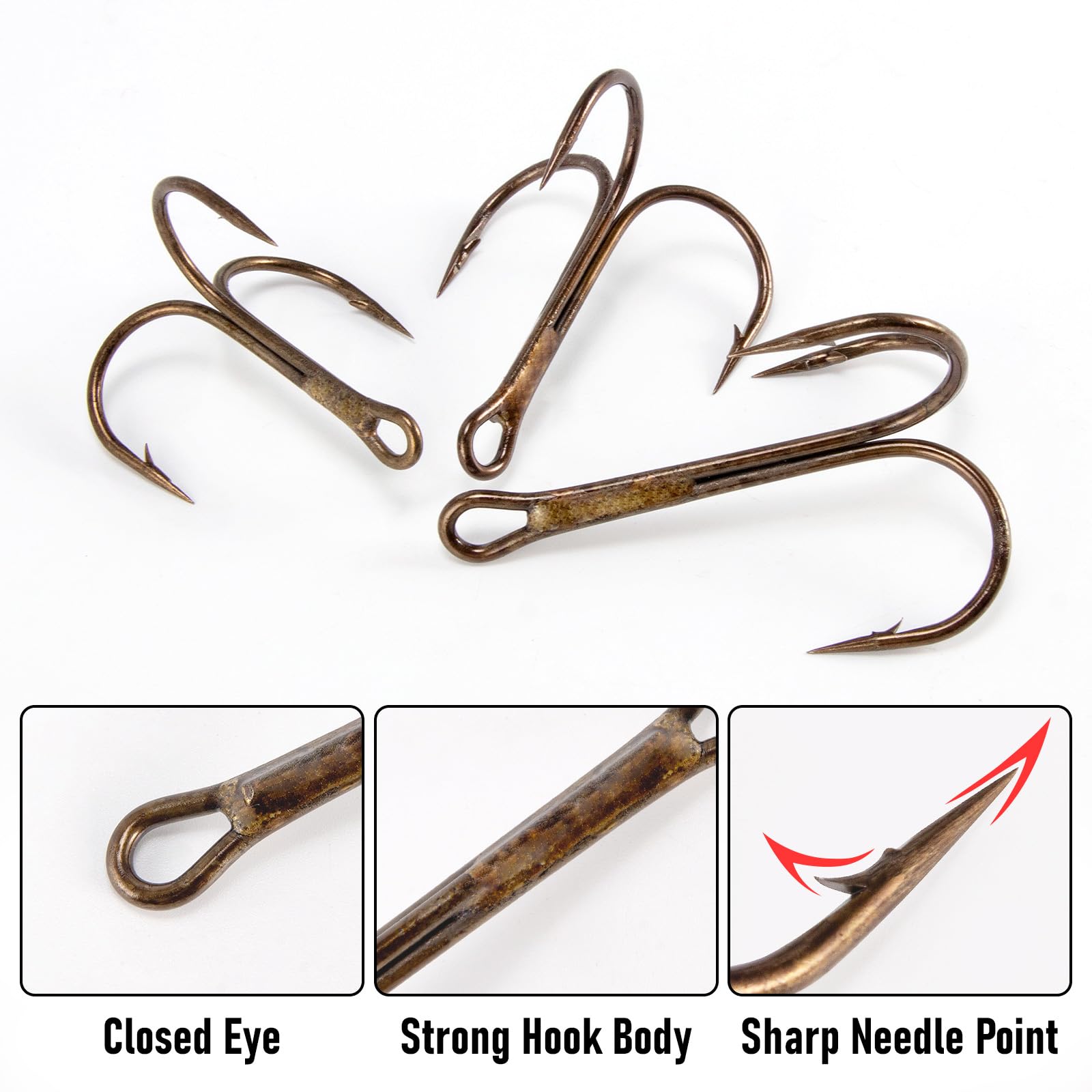 Dr.Fish Lot de 30 hameçons triples en bronze pour pêche au surf, au poisson-chat, bar, thon, saumon, doré jaune, hameçon de rechange pour pêche en eau douce et eau salée #8/0