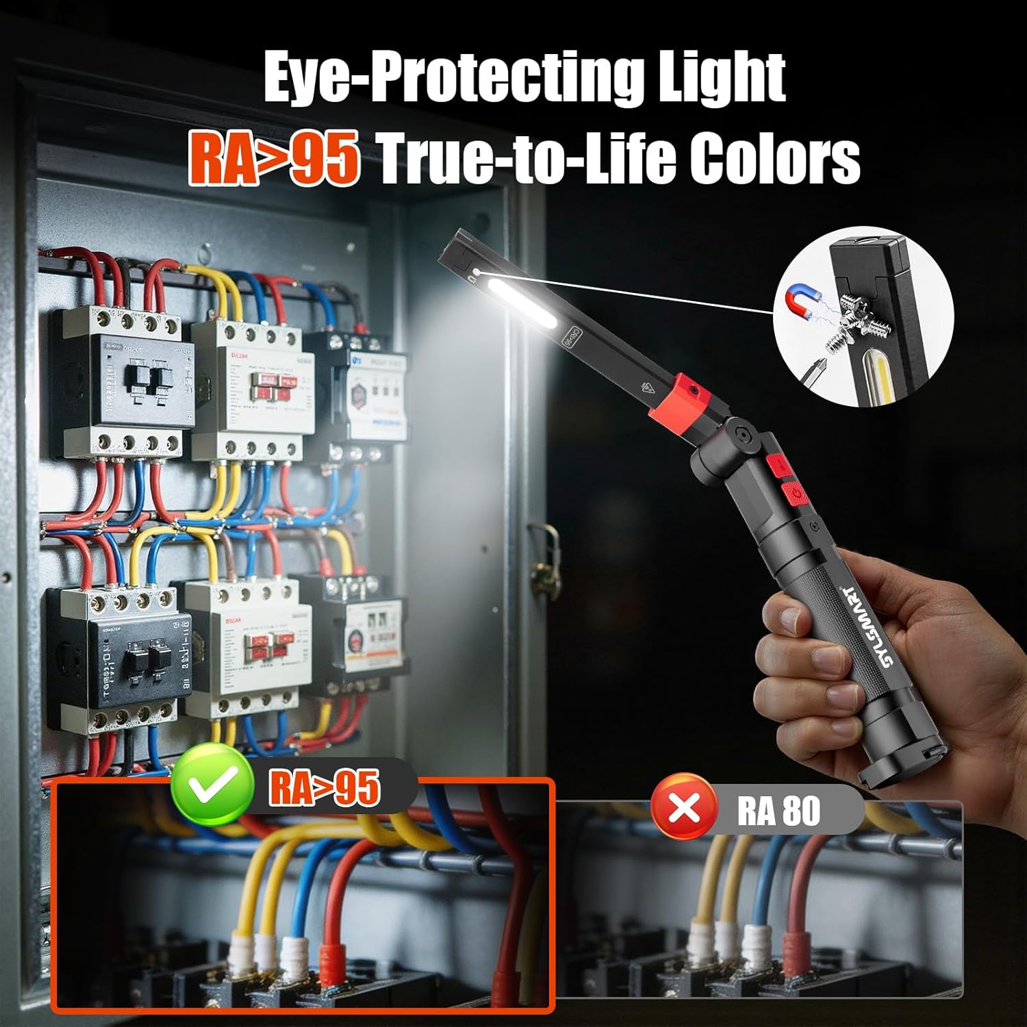 Magnetic Work Light, 1300LM Mechanic Flashlight - CRI 95+ True Color Lighting with Laser Guide, 5 Modes, 4600mAh Rotatable Foldable Rechargeable Work Light for Garage, Car Repair, Emergency