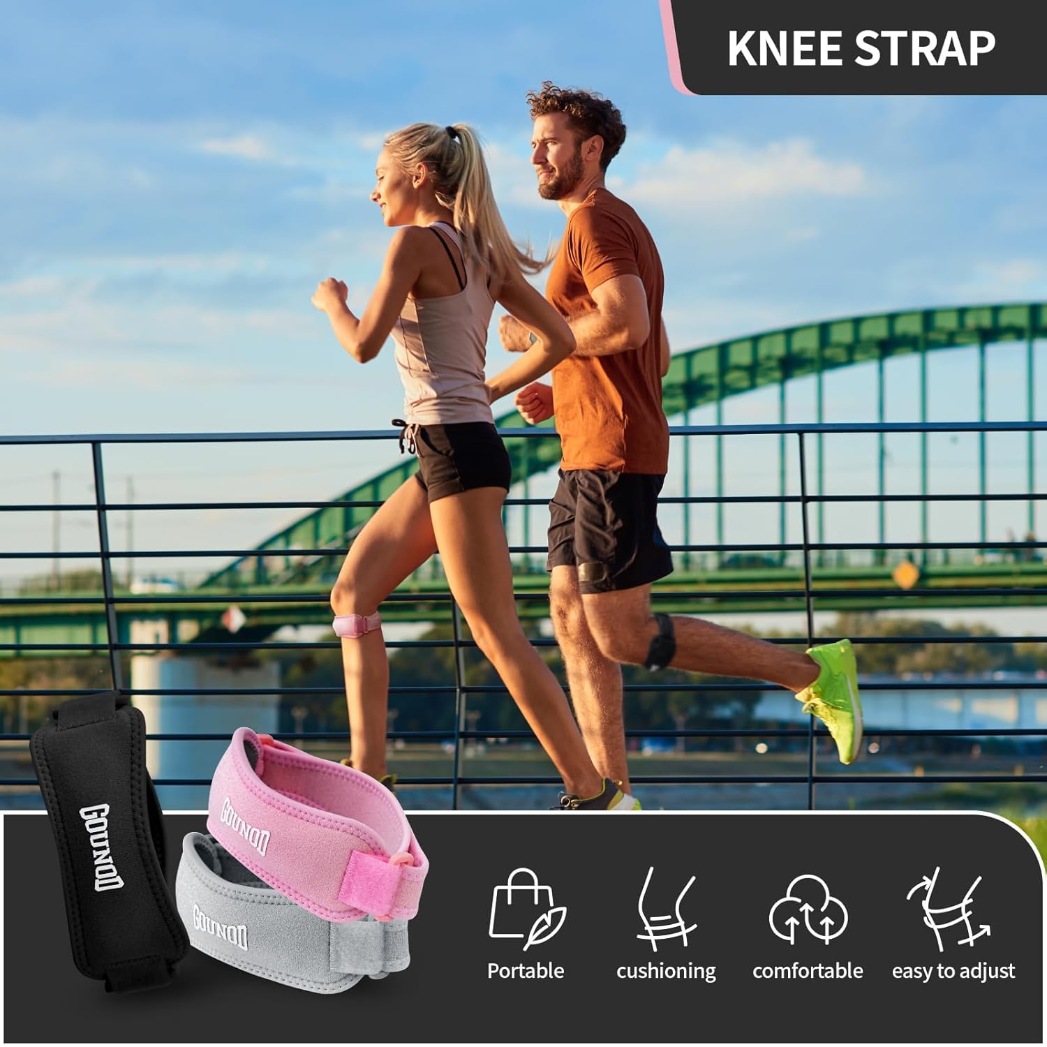 GOUNOD Patellar Tendon Support Strap 2 Pack,Knee Strap for Knee Pain Relief,Patella Band for Basketball, Jumpers Knee, Tendonitis, Running, Hiking, Soccer, Osgood Schlatter