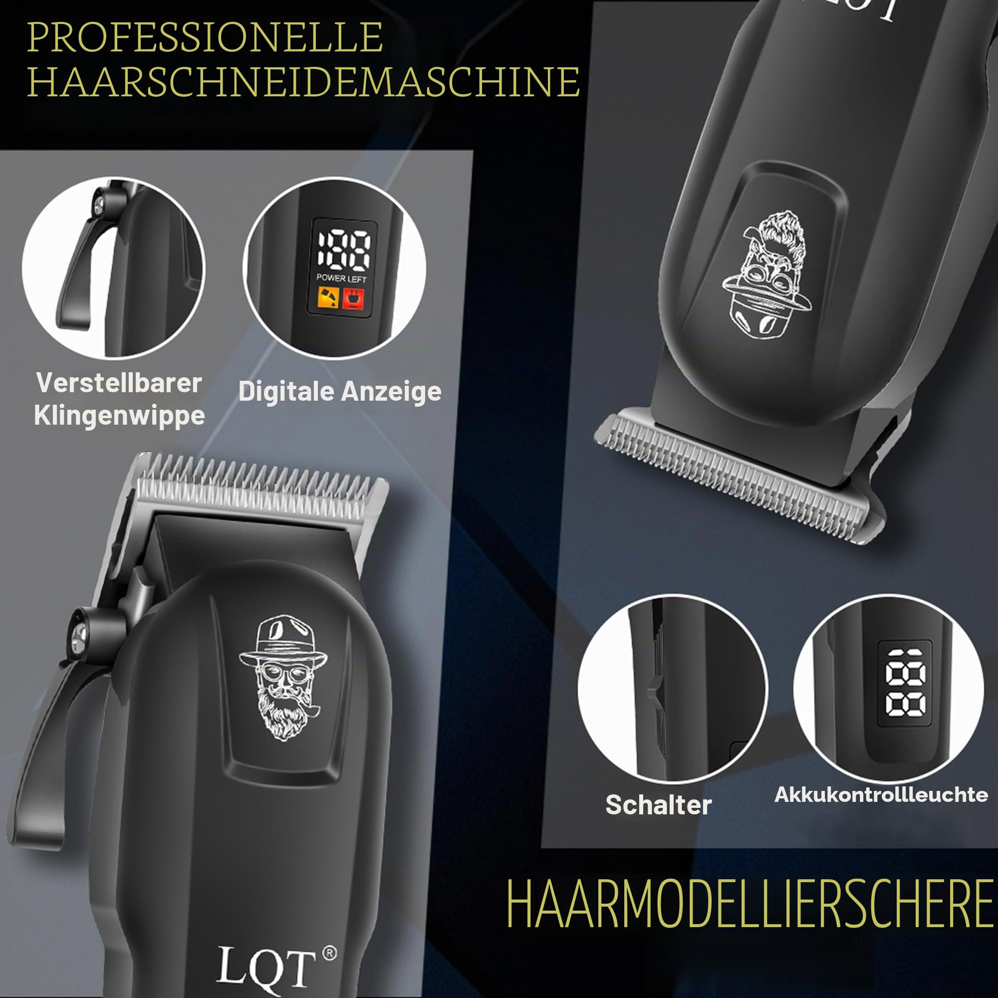 Haarschneidemaschine für Männer, 4-teiliges professionelles Fellpflegeset mit Haarschneidemaschine, LED-Power-Display, Detail-Trimmer und Nasentrimmer, komplettes kabelloses Set für den Heimfriseur