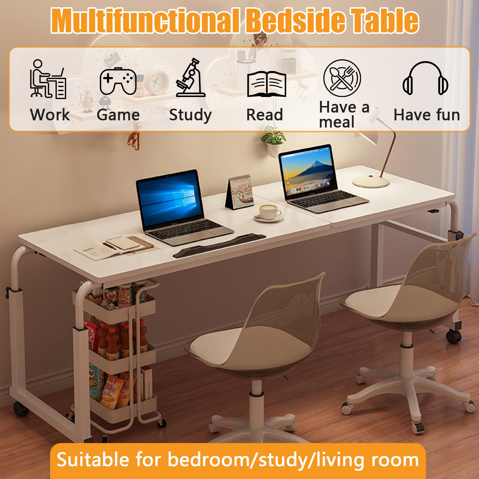 Mesa de cama con ruedas, 120 x 40 cm, mesa móvil sobre la cama, computadora portátil sobre la cama, altura ajustable, estante de inclinación, escritorio plegable, conveniente lectura y escritura, para