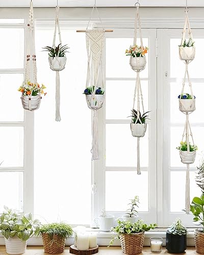 Miniatura 6 de GROWINGGAIR - Paquete de 5 perchas de macramé para plantas, hechas a mano, de algodón, con 10 ganchos, soporte para macetas, cuentas de madera,
