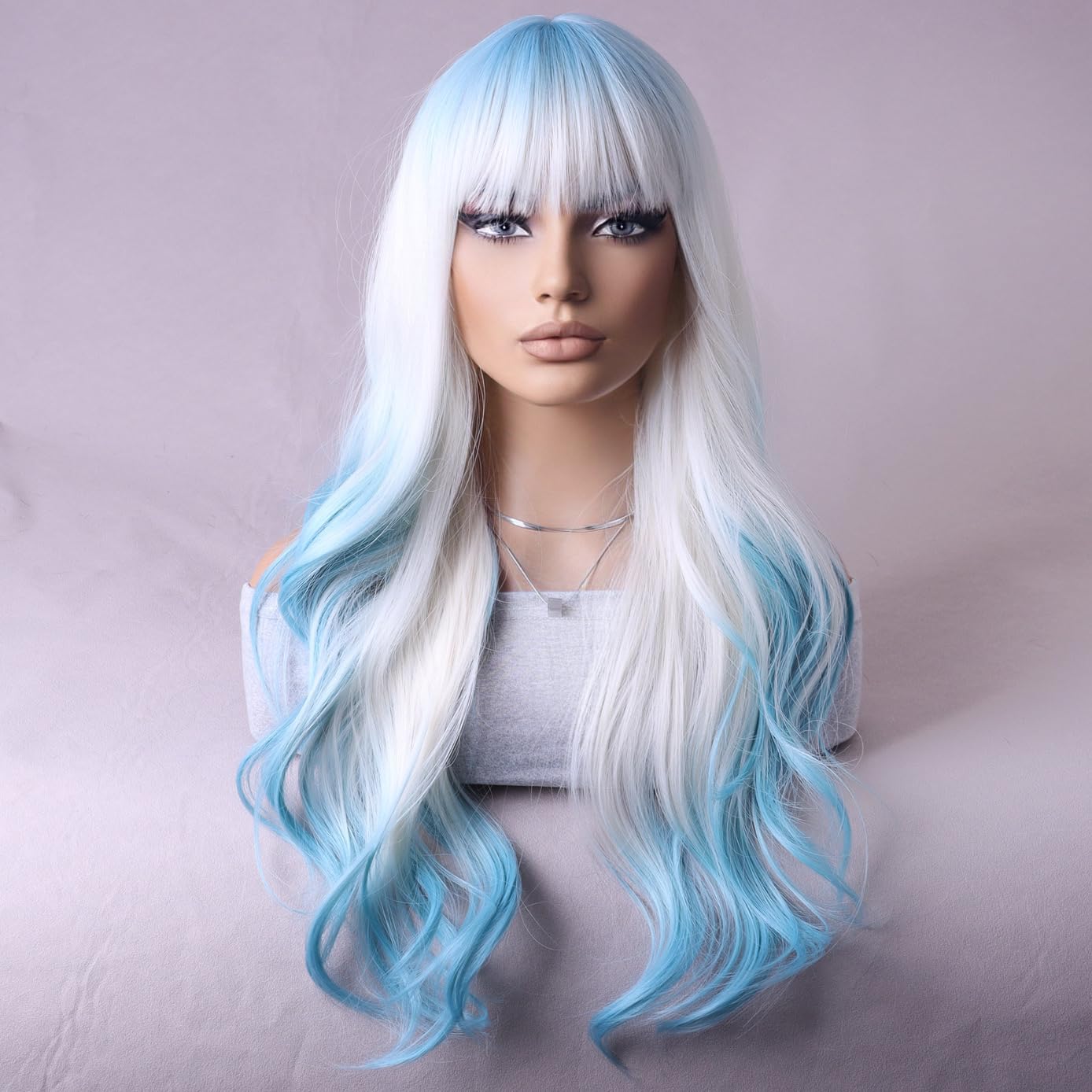 BERON Blue and White Long Wigs Curly Wavy Women's Wigs with Bangs Blue White Ombre Colorful Heat Resistant Synthetic Wigs for Cosplay or Daily Wigs
