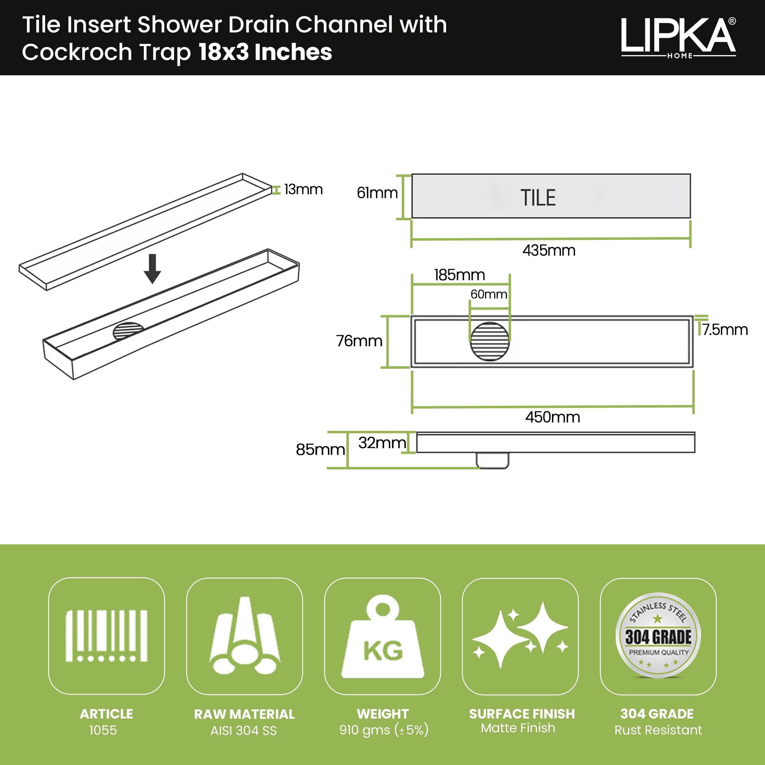 LIPKA Rectangular Tile Insert Shower Drain Channel | 18 x 3 Inches | Waste Water Floor Drain for 13mm Tile | 304 Stainless Steel | Invisible Shower Drainer Channel | Anti Cockroach Trap and Side Hole — Amazon image 2