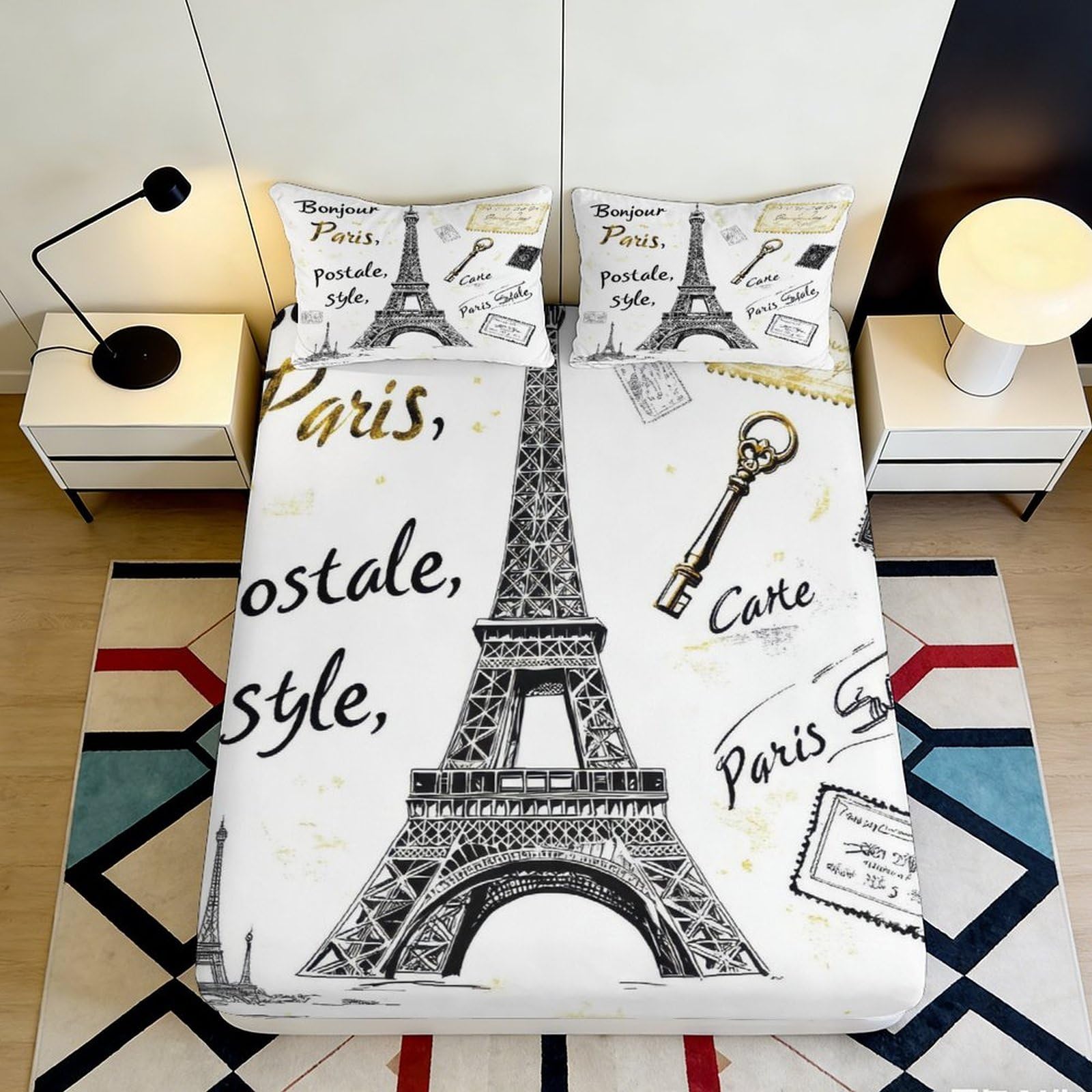 3D Printed Eiffel Tower Paris Fitted Sheet Microfiber Soft Mattress Cover for Bedroom Dorm Artistic Decor 120x200cm 120x200x25cm