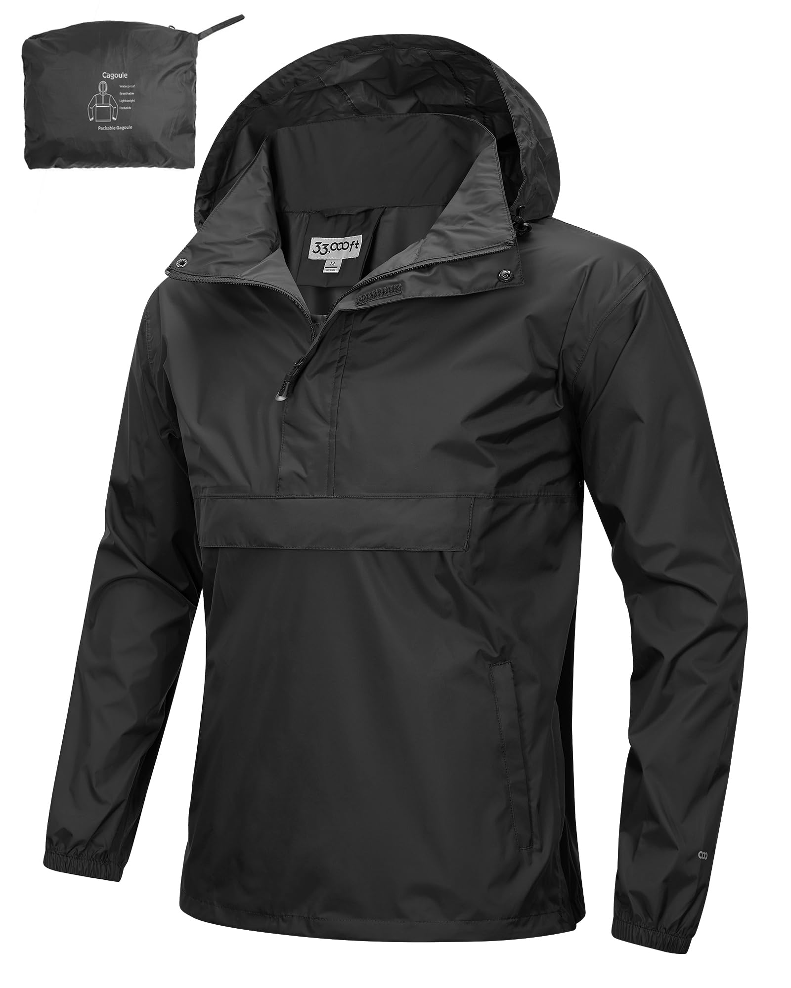 33,000ft Regenjas voor heren, lichte waterdichte opvouwbare trui met capuchon en reflector voor fietsen, wandelen, outdoor, zwart, M