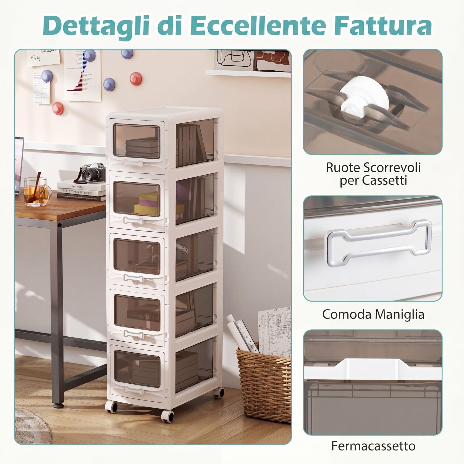 COSTWAY Cassettiera Plastica Trasparente con 5 Cassetti, Carrello Salvaspazio con Ruote Bloccabili e Maniglie, Design Antipolvere, Piedistallo Mobile per Bagno, Cucina e Ufficio (5 cassetti)